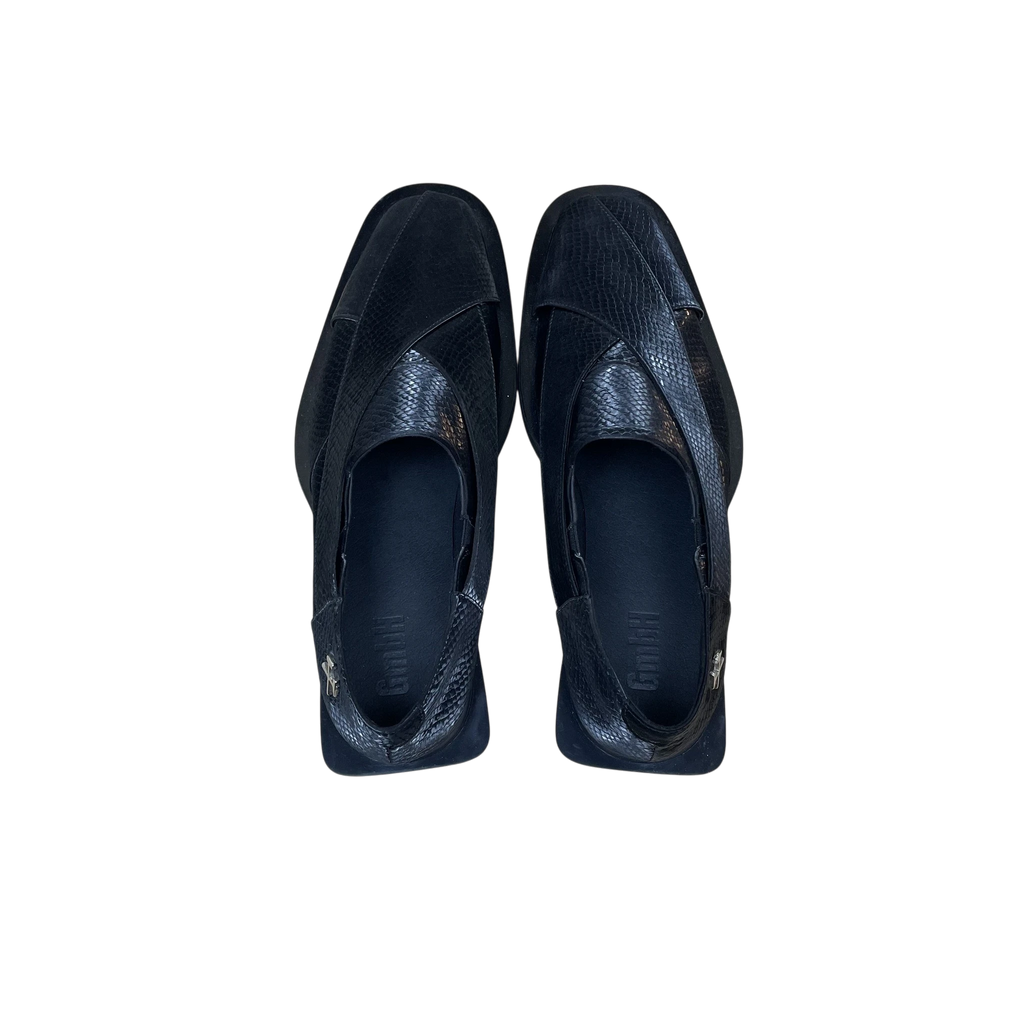 Zenno Archive GmbH black snake-embossed leather chappal loafers with a square toe design viewed from above.