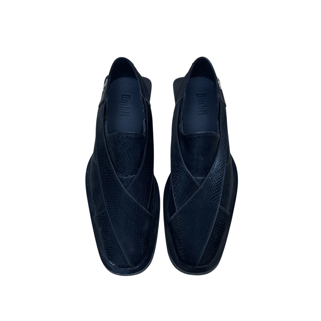 Zenno Archive GmbH black snake-embossed leather chappal loafers with a unique wrap-around design