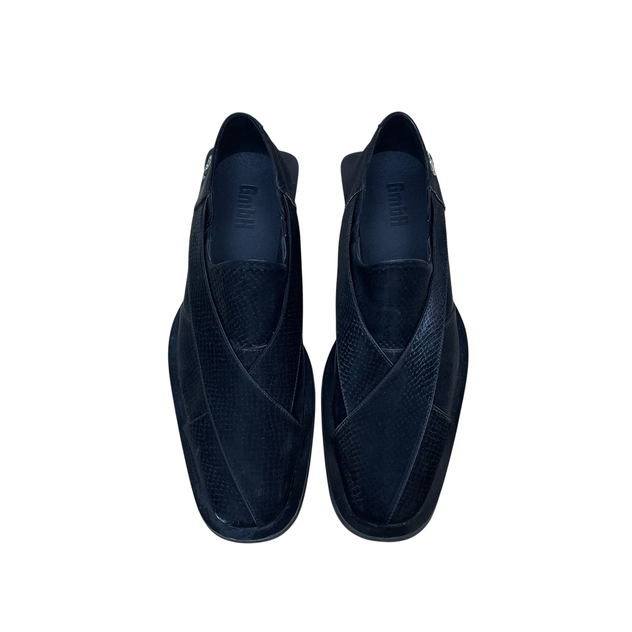 Zenno Archive GmbH black snake-embossed leather chappal loafers with a unique wrap-around design