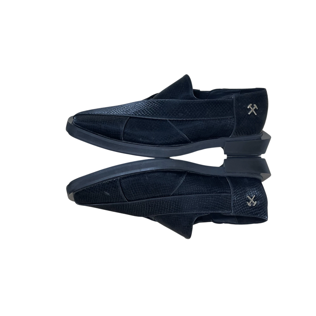 Zenno Archive GmbH black snake-embossed leather chappal loafers with pointed toe and metal logo detail