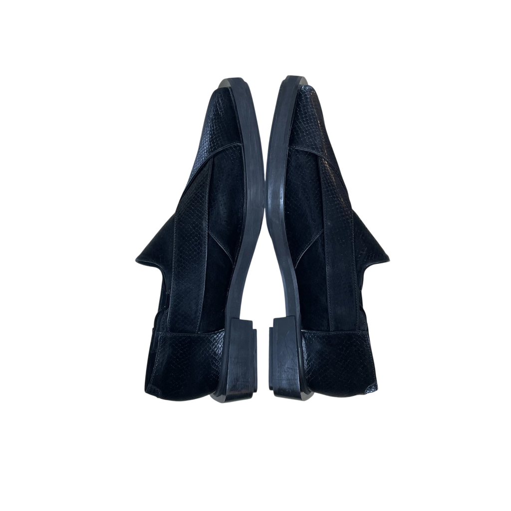 Zenno Archive GmbH black snake-embossed leather chappal loafers with a pointed toe and low block heel.