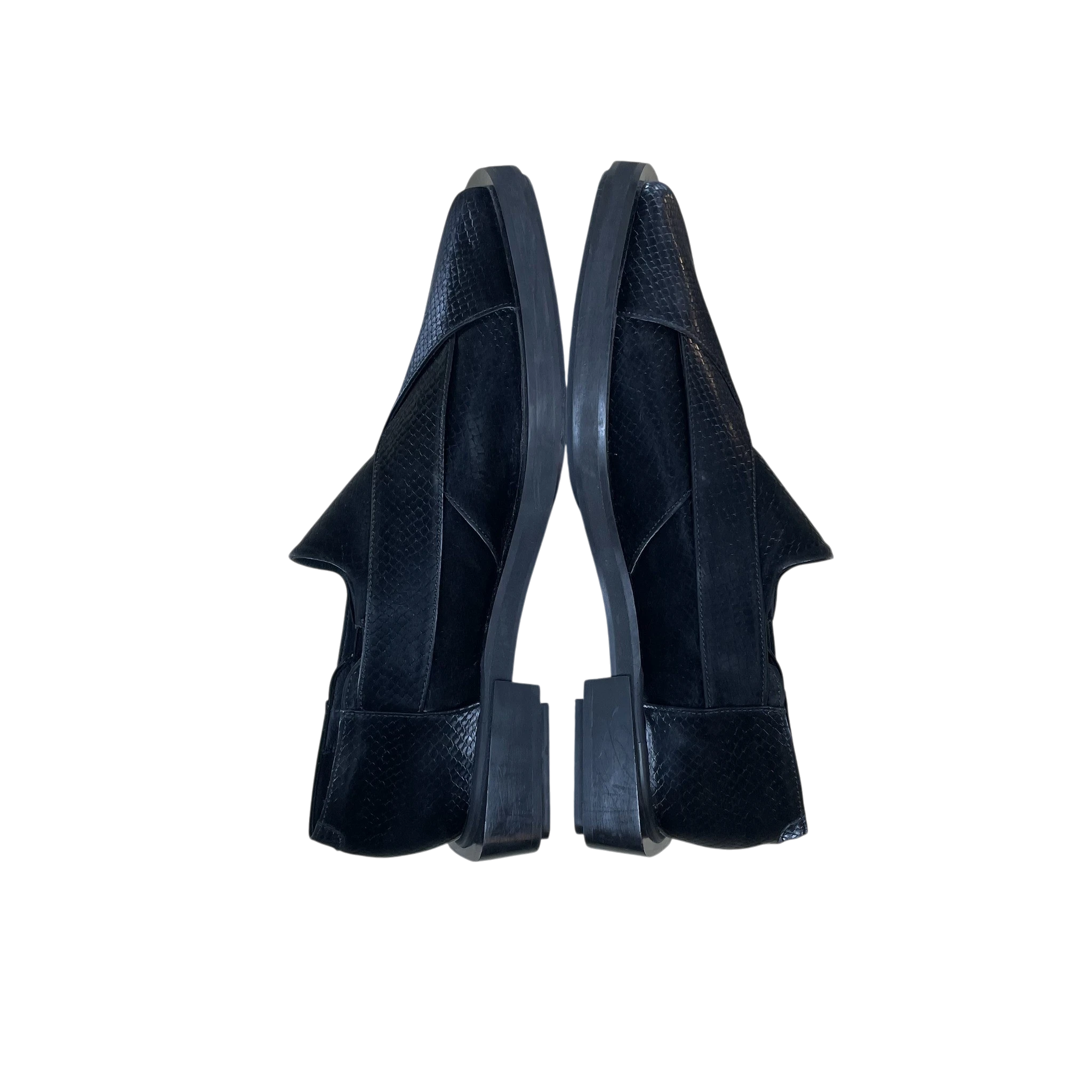 Zenno Archive GmbH black snake-embossed leather chappal loafers with a pointed toe and low block heel.