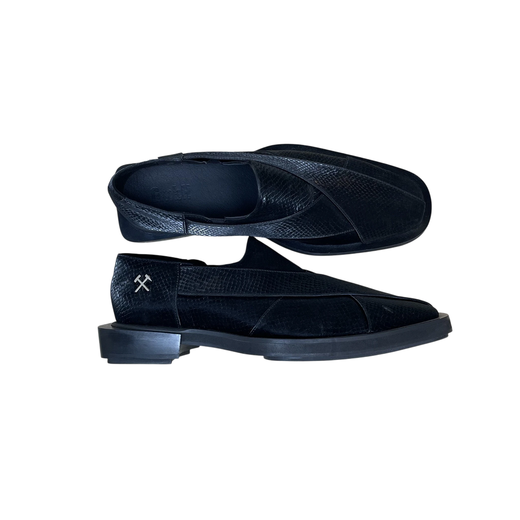 Zenno Archive GmbH black snake-embossed leather chappal loafers with silver hammer logo detail on side