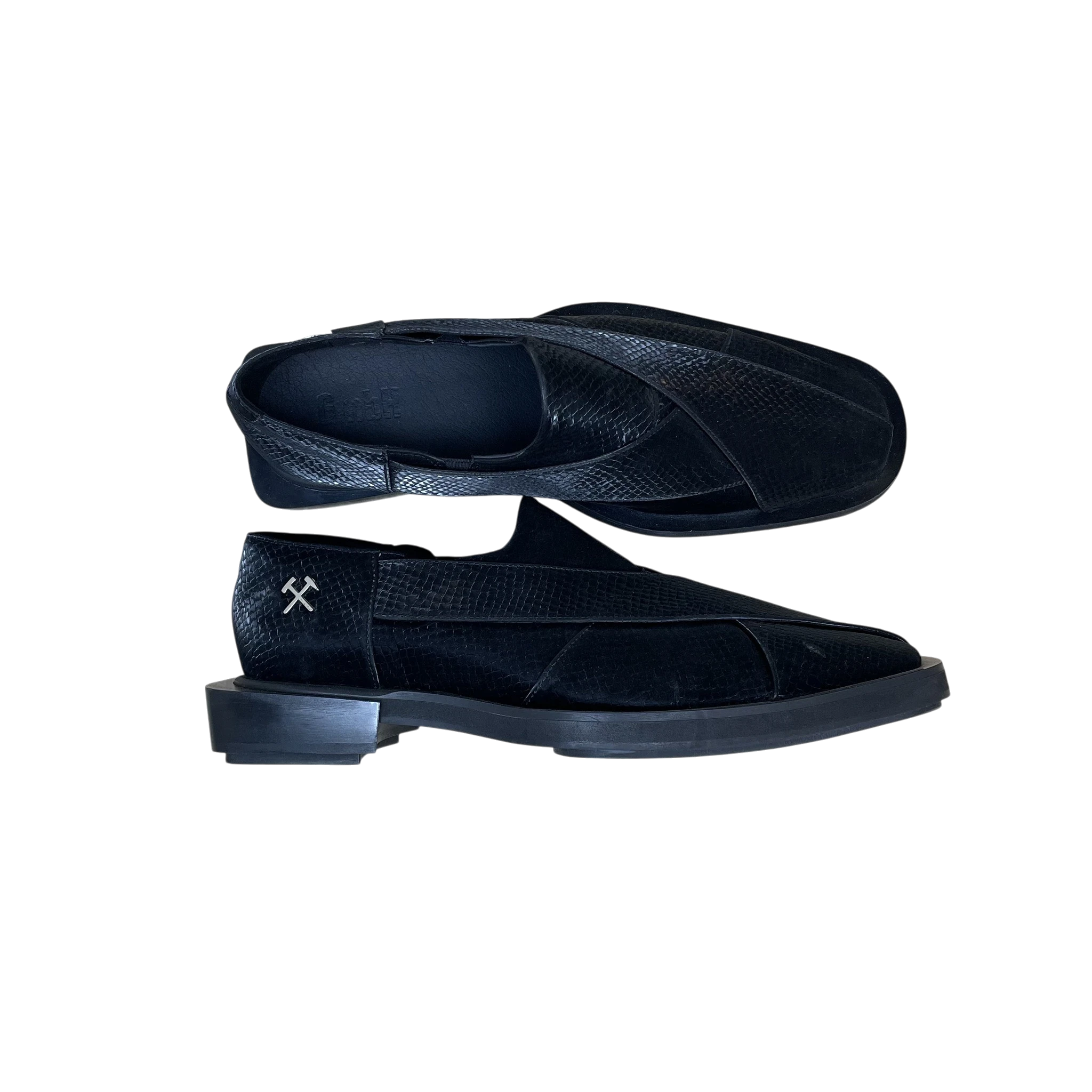 Zenno Archive GmbH black snake-embossed leather chappal loafers with silver hammer logo detail on side