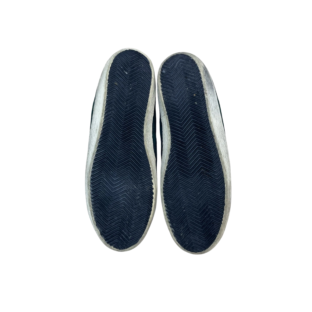 Zenno Archive Golden Goose Super Star suede sneakers in green, showing the black herringbone rubber outsoles.