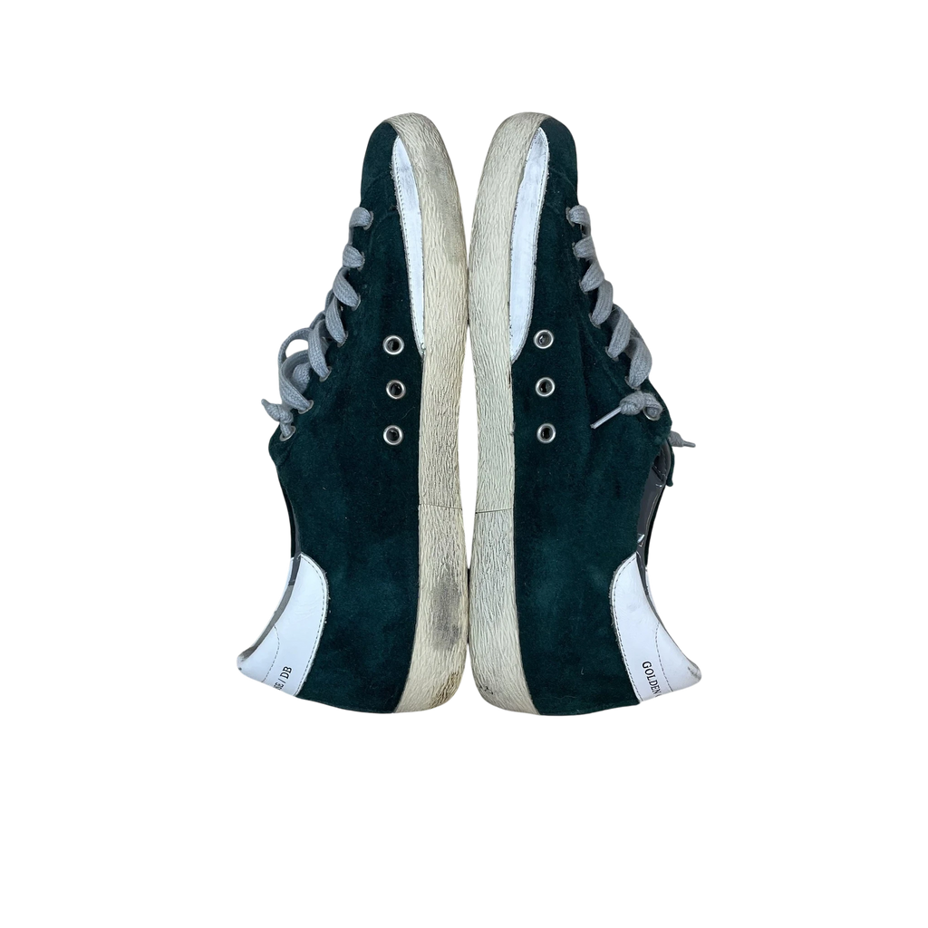 Zenno Archive Golden Goose Super Star sneakers in dark green suede with white leather heel tabs and grey laces.