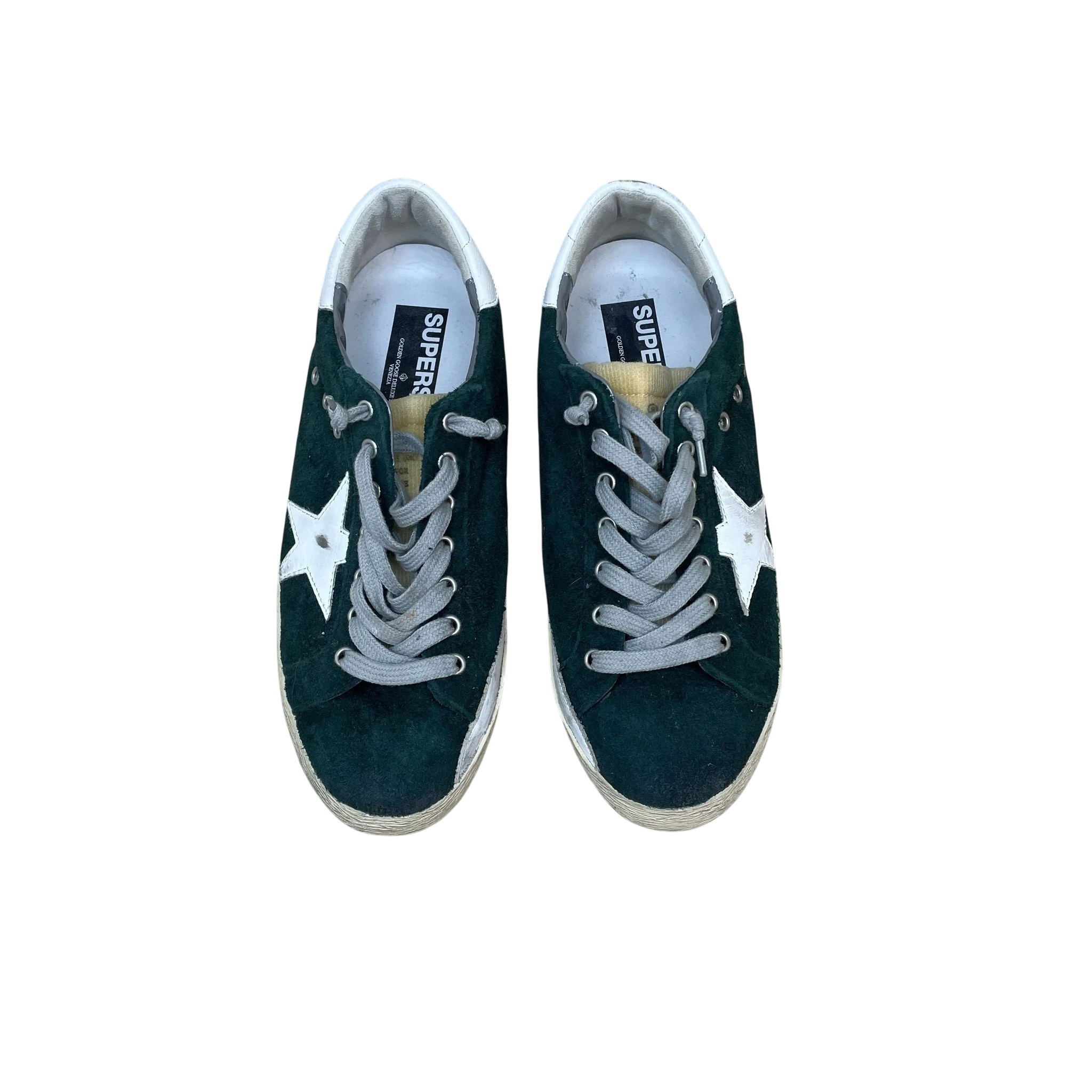 Zenno Archive Golden Goose Super Star sneakers in green suede with white leather star patch and grey laces.