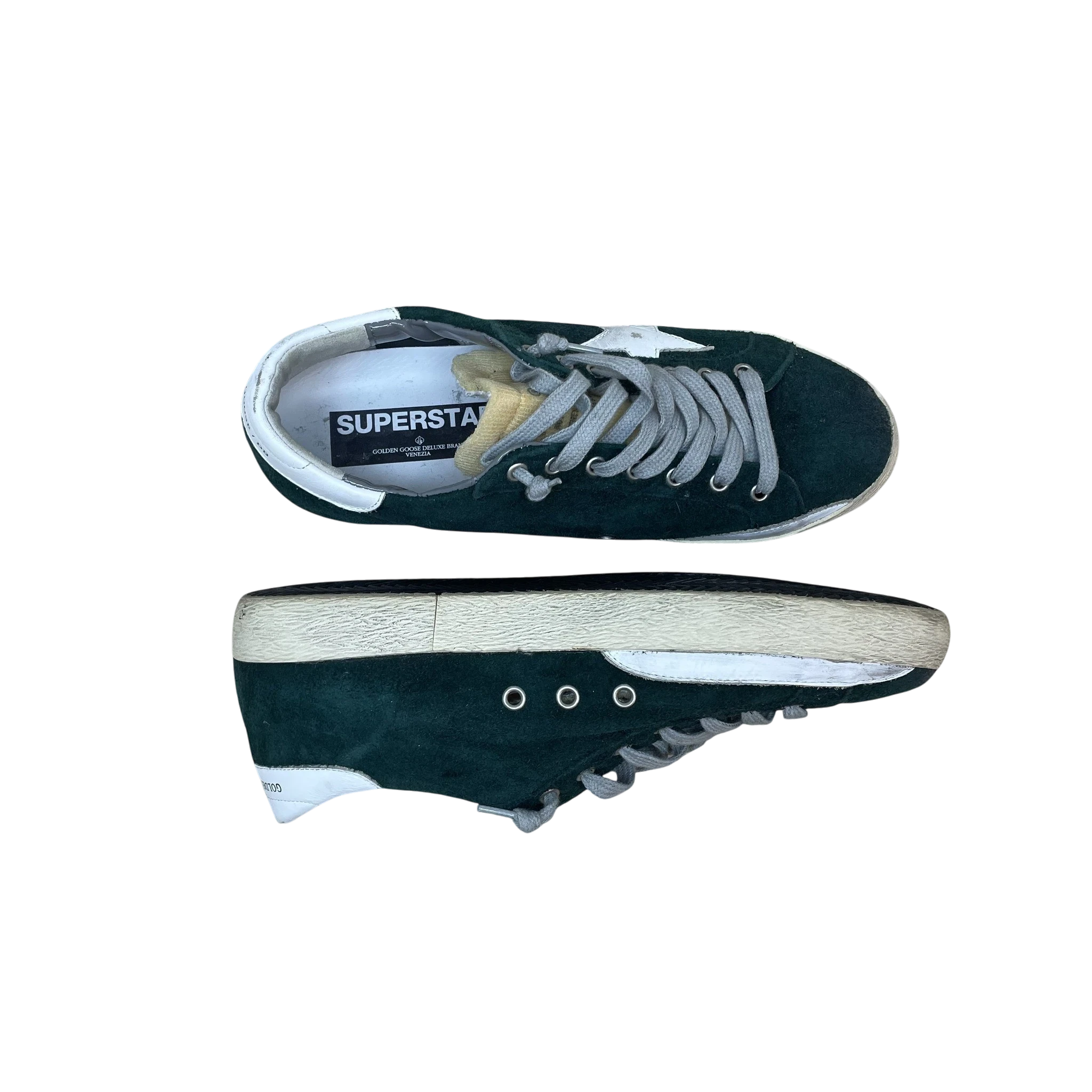 Zenno Archive Golden Goose Super Star sneakers in green suede with white leather accents and grey laces