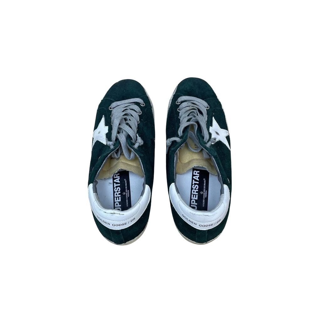 Zenno Archive Golden Goose Super Star sneakers in green suede with white star patch and grey laces, top view.