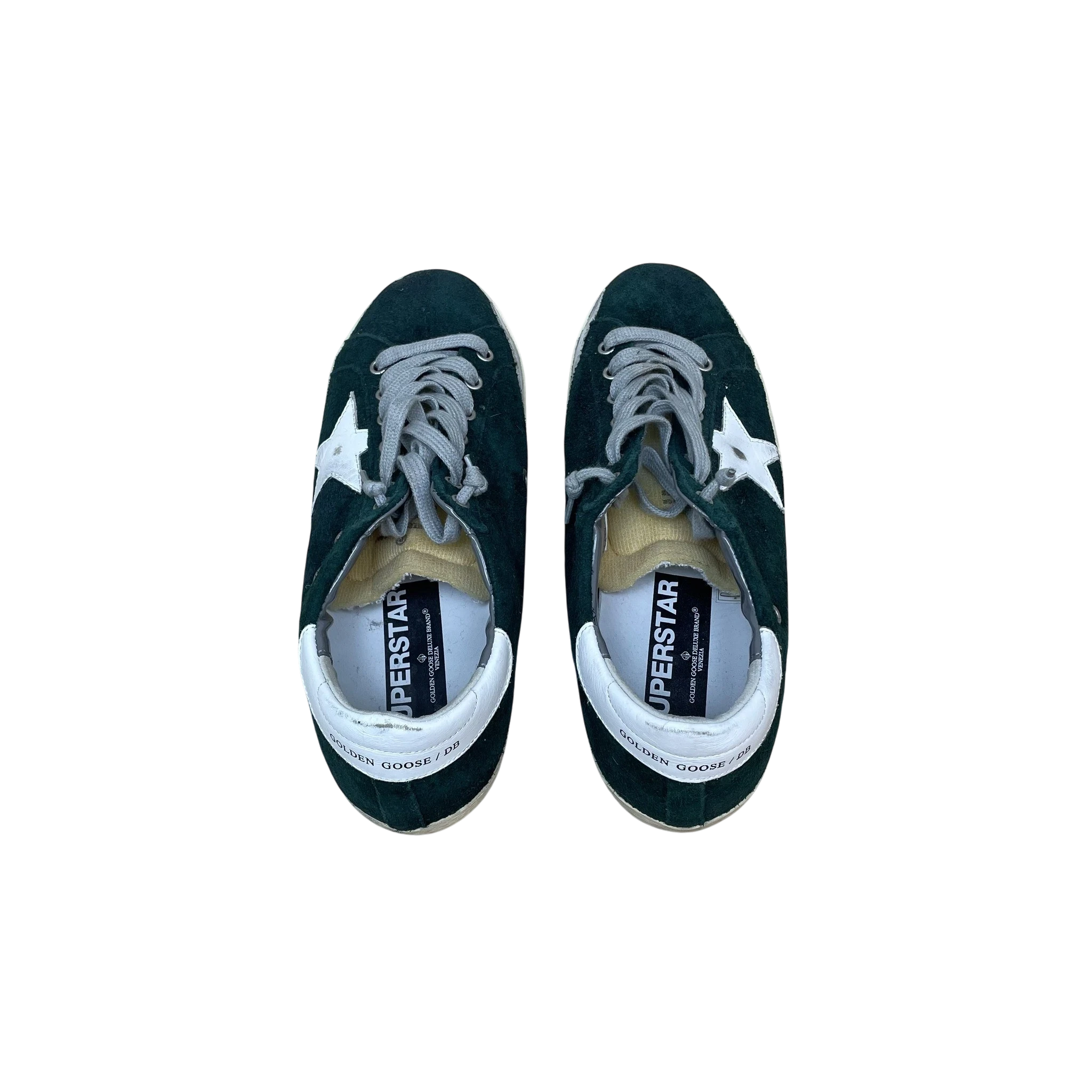 Zenno Archive Golden Goose Super Star sneakers in green suede with white star patch and grey laces, top view.
