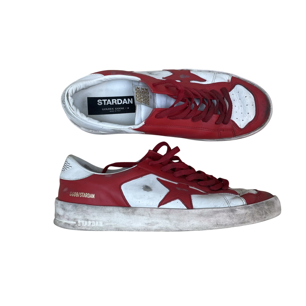 Zenno Archive Golden Goose Stardan leather sneakers in red and white with signature star detail and distressed sole