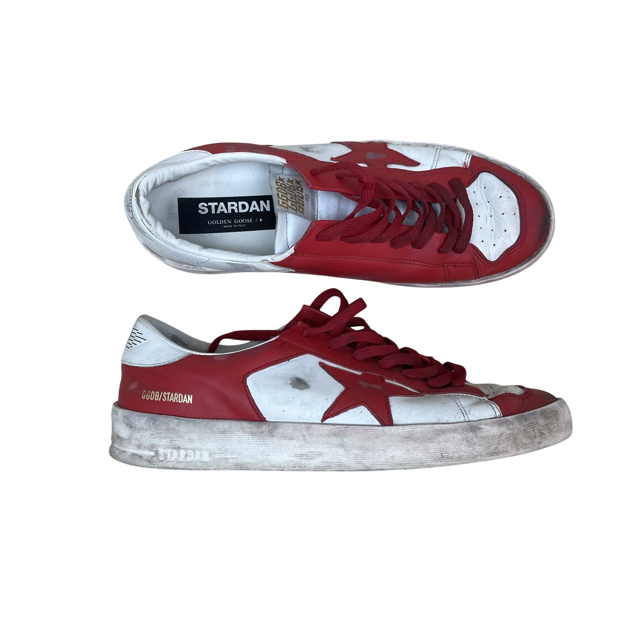 Zenno Archive Golden Goose Stardan leather sneakers in red and white with signature star detail and distressed sole