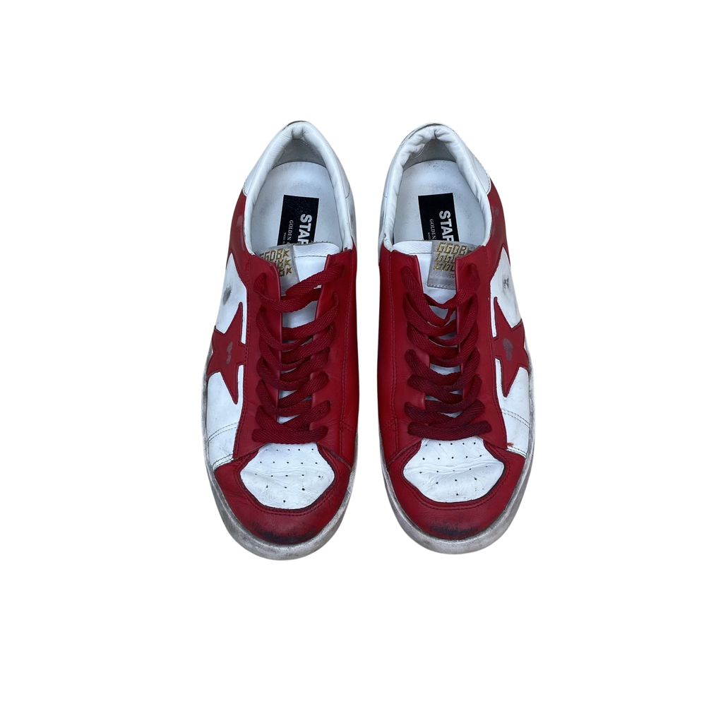 Zenno Archive Golden Goose Stardan leather sneakers in red and white with signature star detail and distressed finish