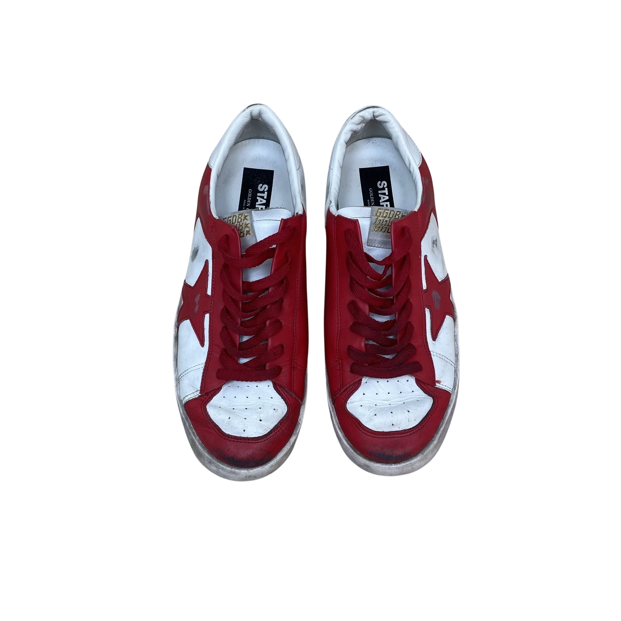 Zenno Archive Golden Goose Stardan leather sneakers in red and white with signature star detail and distressed finish