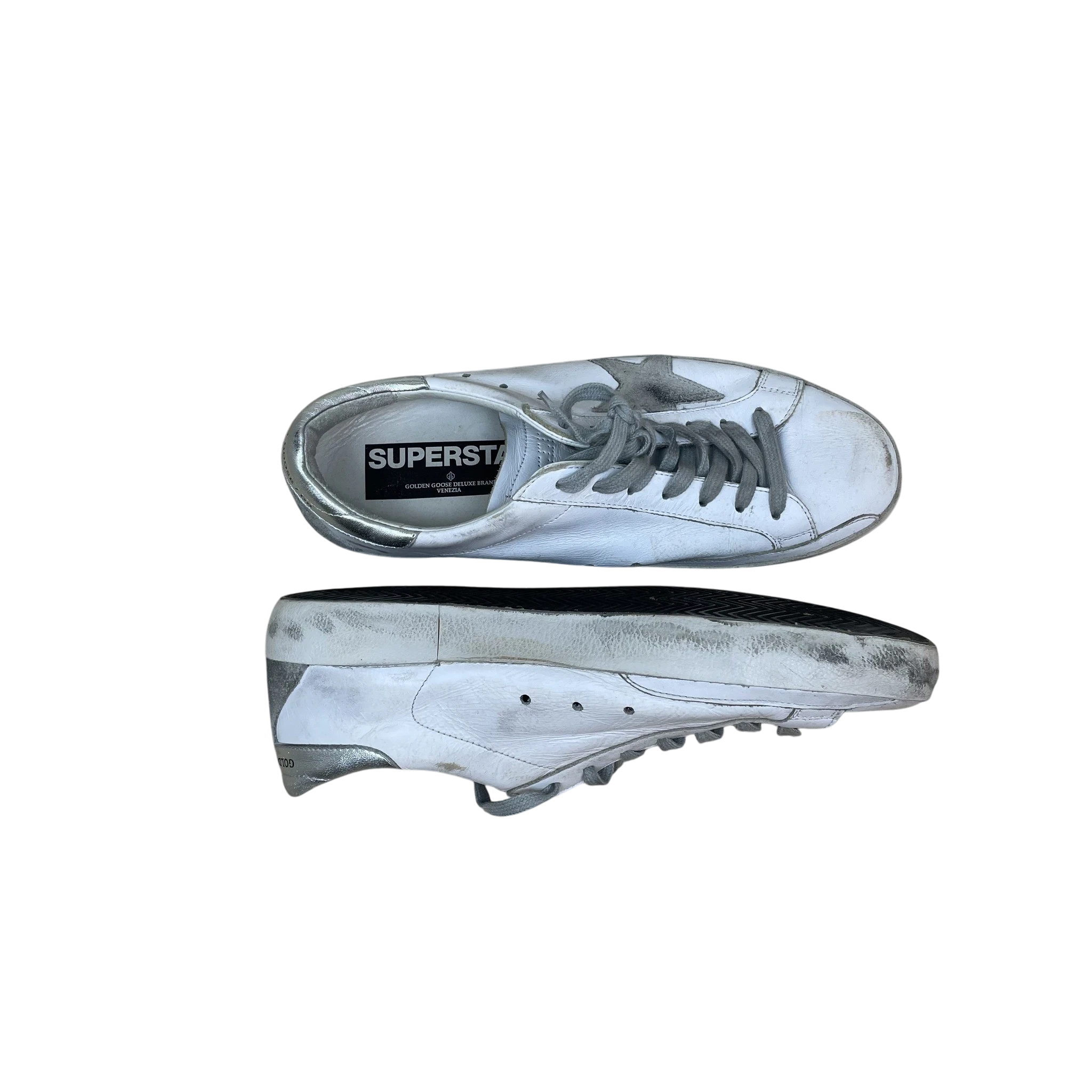 Zenno Archive Golden Goose Super Star sneakers in white leather with silver accents and distressed finish