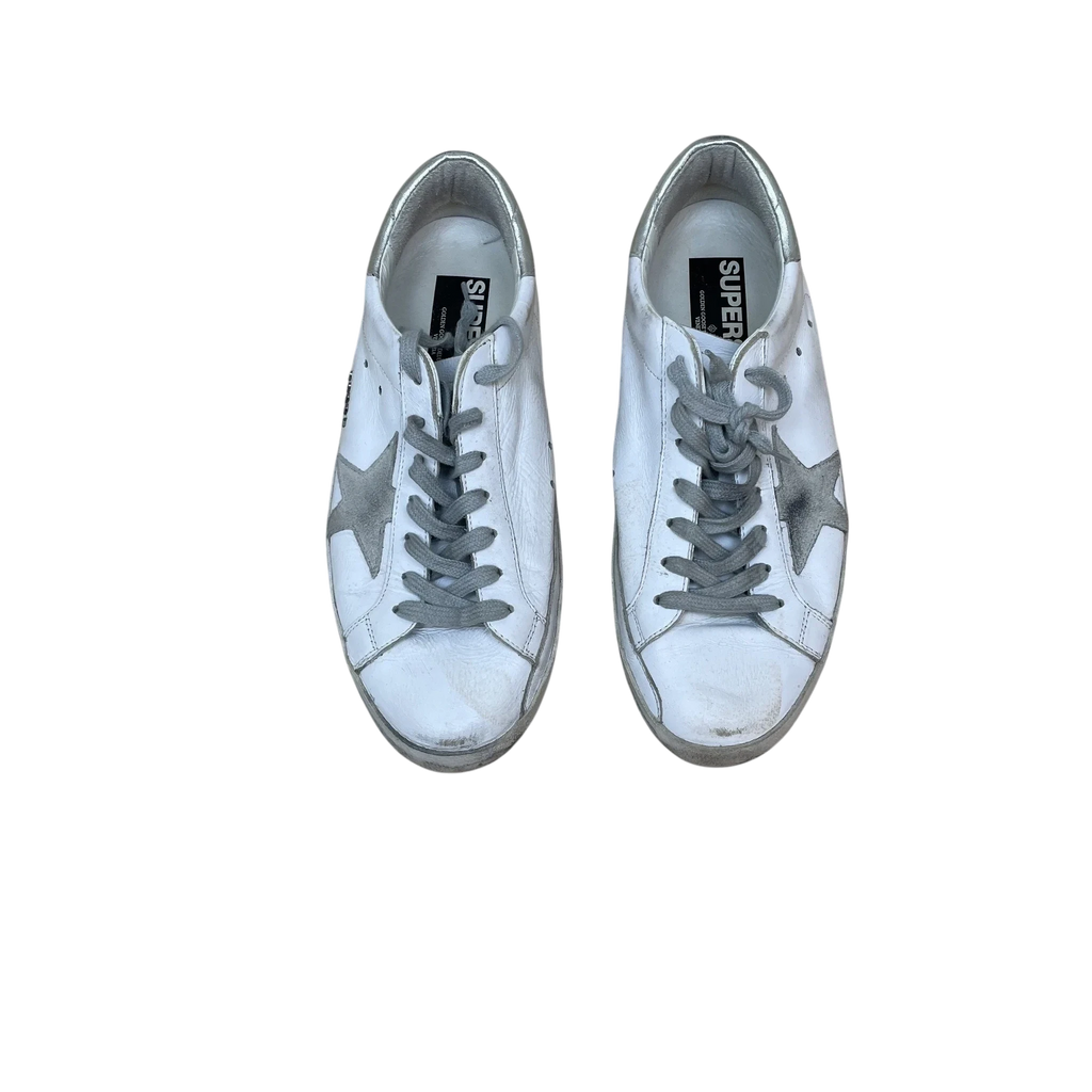 Zenno Archive Golden Goose Super Star white leather sneakers with silver star and grey laces, top view