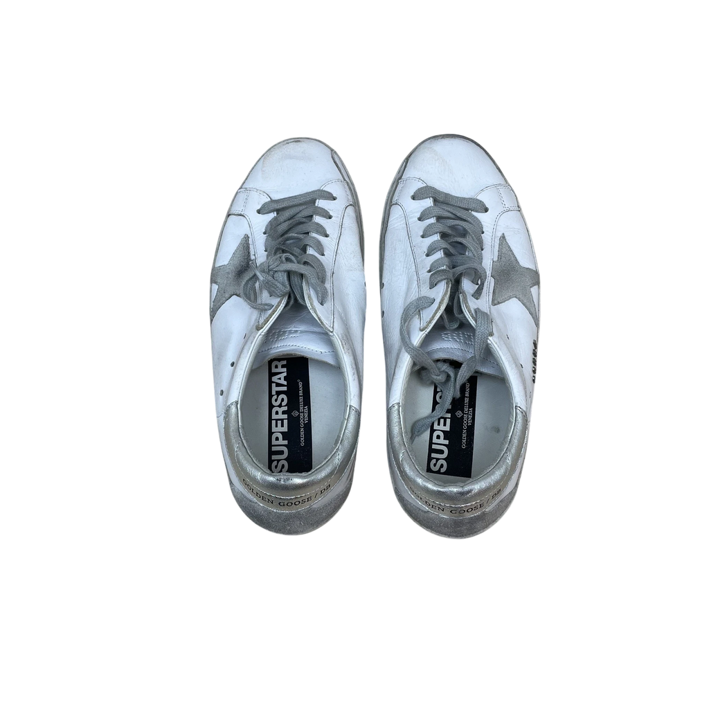 Zenno Archive Golden Goose Super Star sneakers in white leather with silver star and heel tab, top-down view.