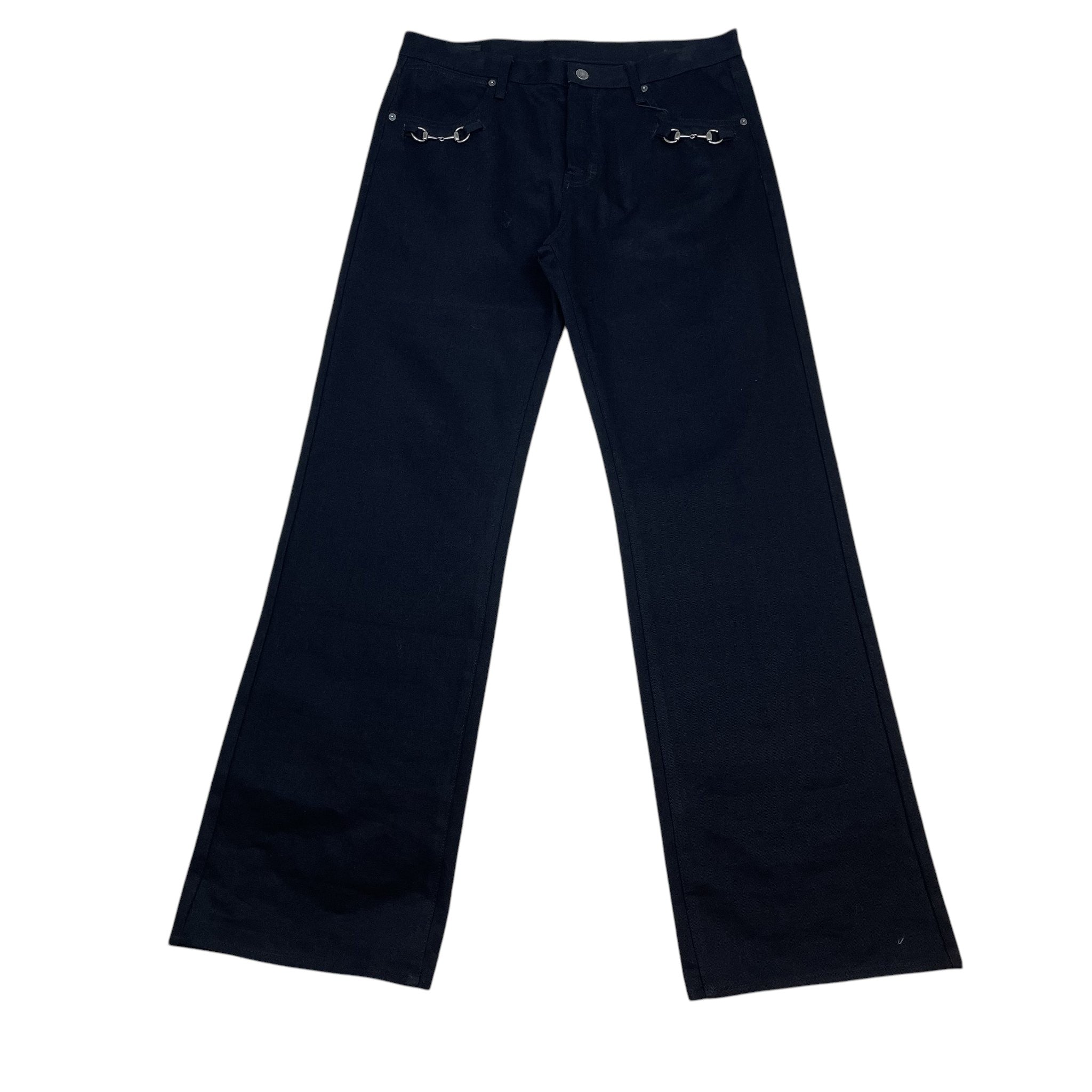 Zenno Archive Gucci AW25 black denim jeans featuring silver-tone horsebit hardware details on the front pockets.