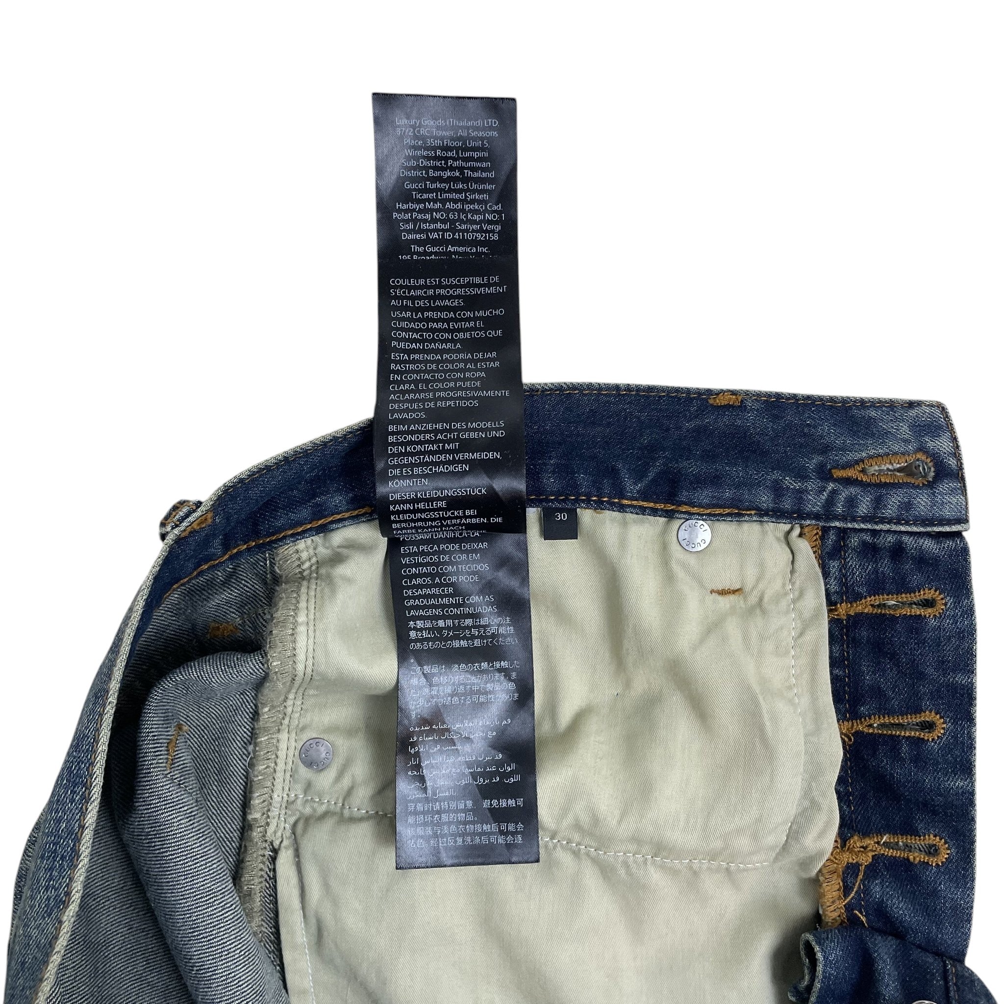 Zenno Archive Gucci AW25 Horsebit jeans in washed blue denim showing the interior care label and size 30 tag