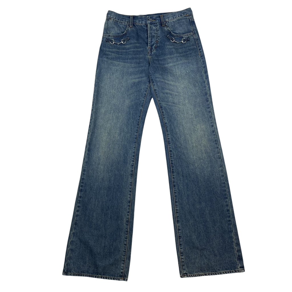 Zenno Archive Gucci AW25 washed blue denim jeans featuring signature silver horsebit hardware on the front pockets.