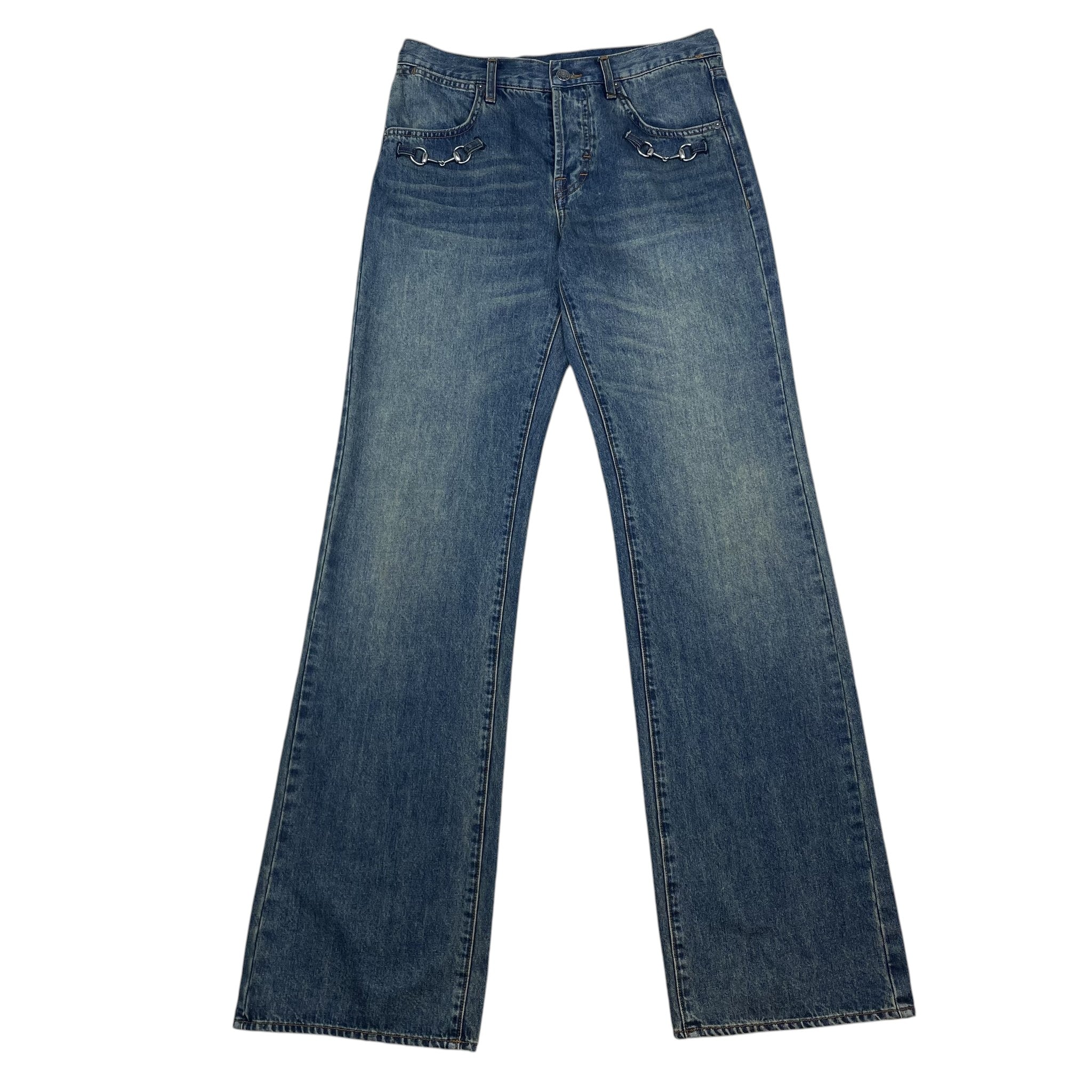 Zenno Archive Gucci AW25 washed blue denim jeans featuring signature silver horsebit hardware on the front pockets.