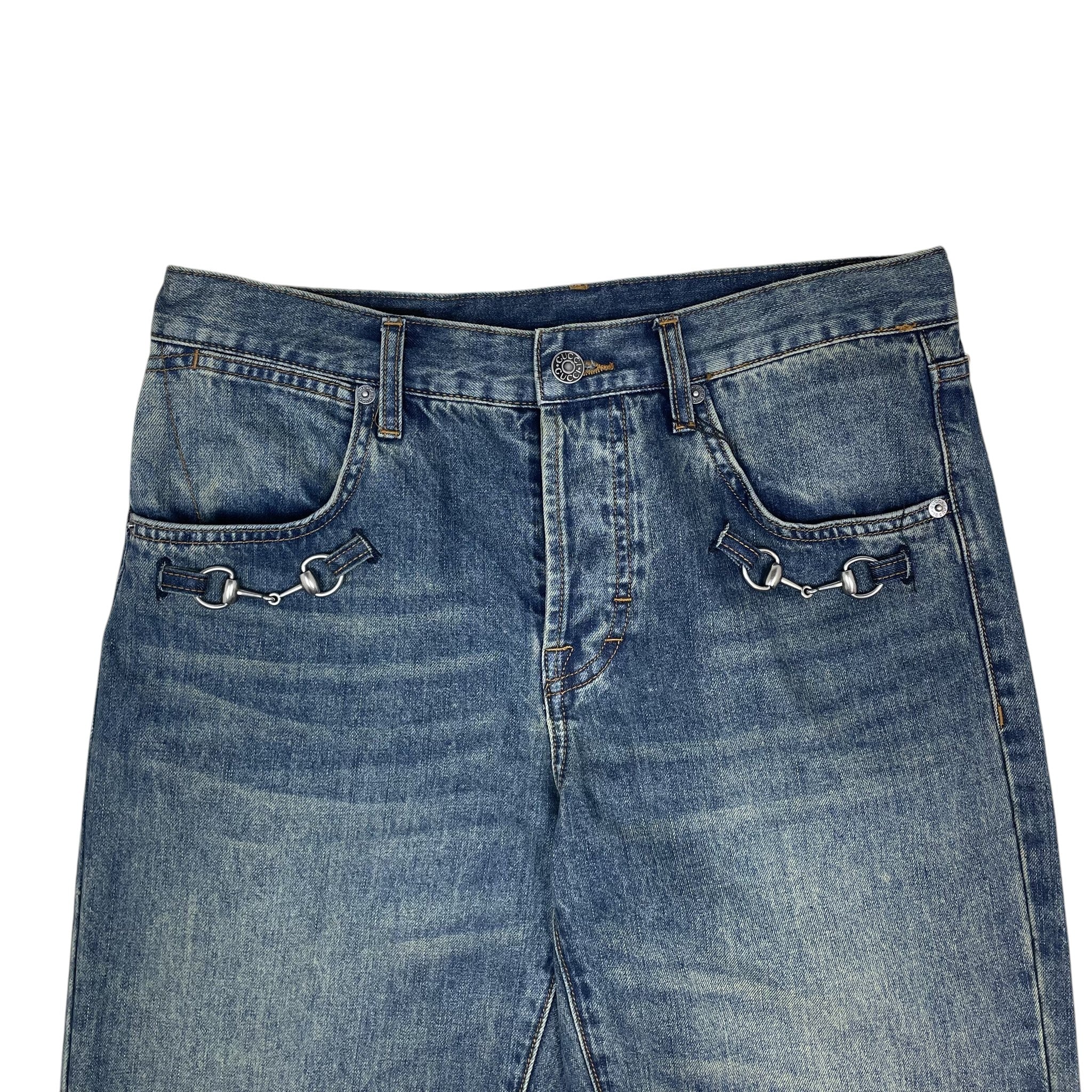 Zenno Archive Gucci AW25 washed blue denim jeans featuring signature silver-tone horsebit hardware on front pockets.