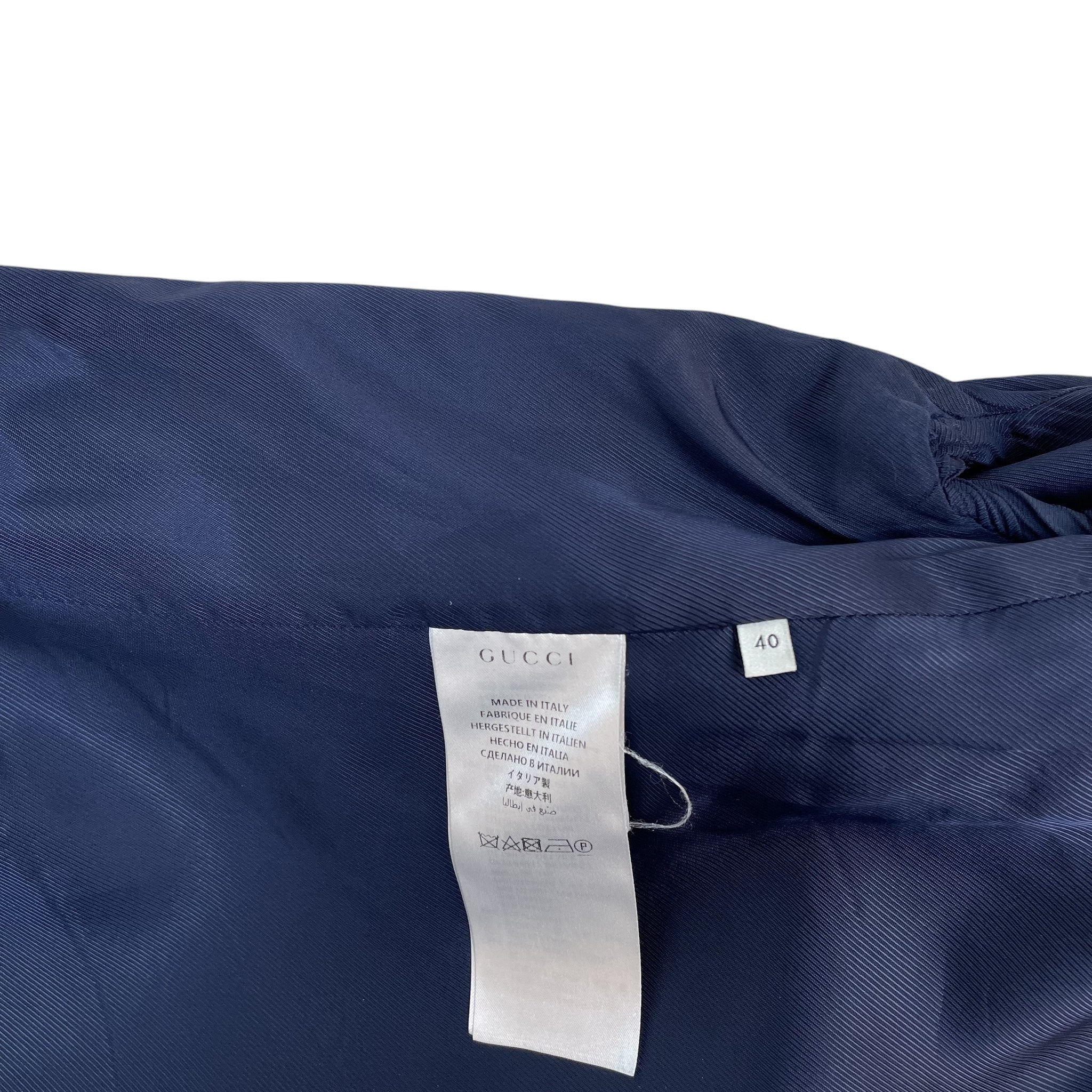 Zenno Archive Gucci navy wool-blend jacket interior care label with size 40 tag and Made in Italy branding
