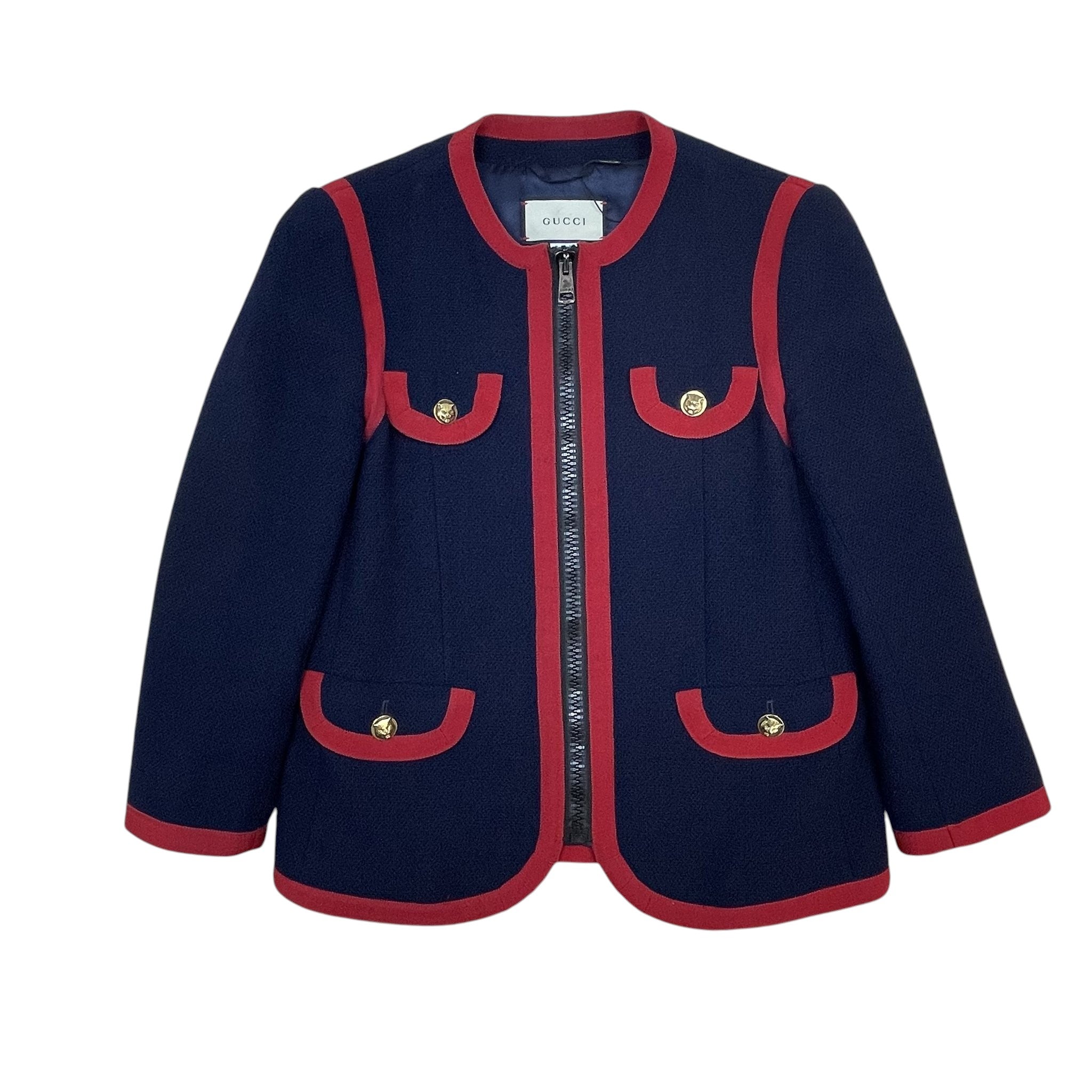 Zenno Archive Gucci navy wool-blend zip jacket with red trim and gold-tone button pockets