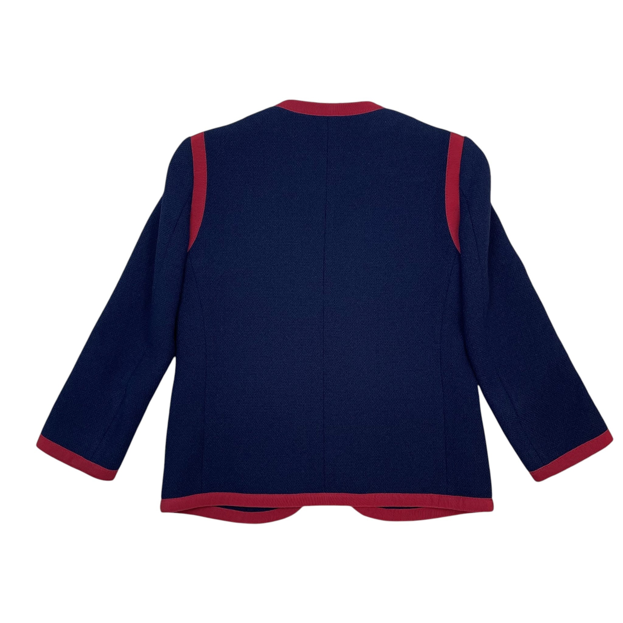 Zenno Archive Gucci navy wool-blend jacket with red trim detailing, back view of a luxury designer zip-up blazer.