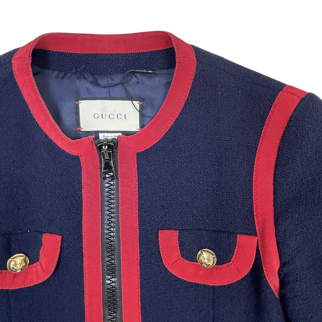 Zenno Archive Gucci navy wool-blend zip jacket with red trim and gold lion head buttons