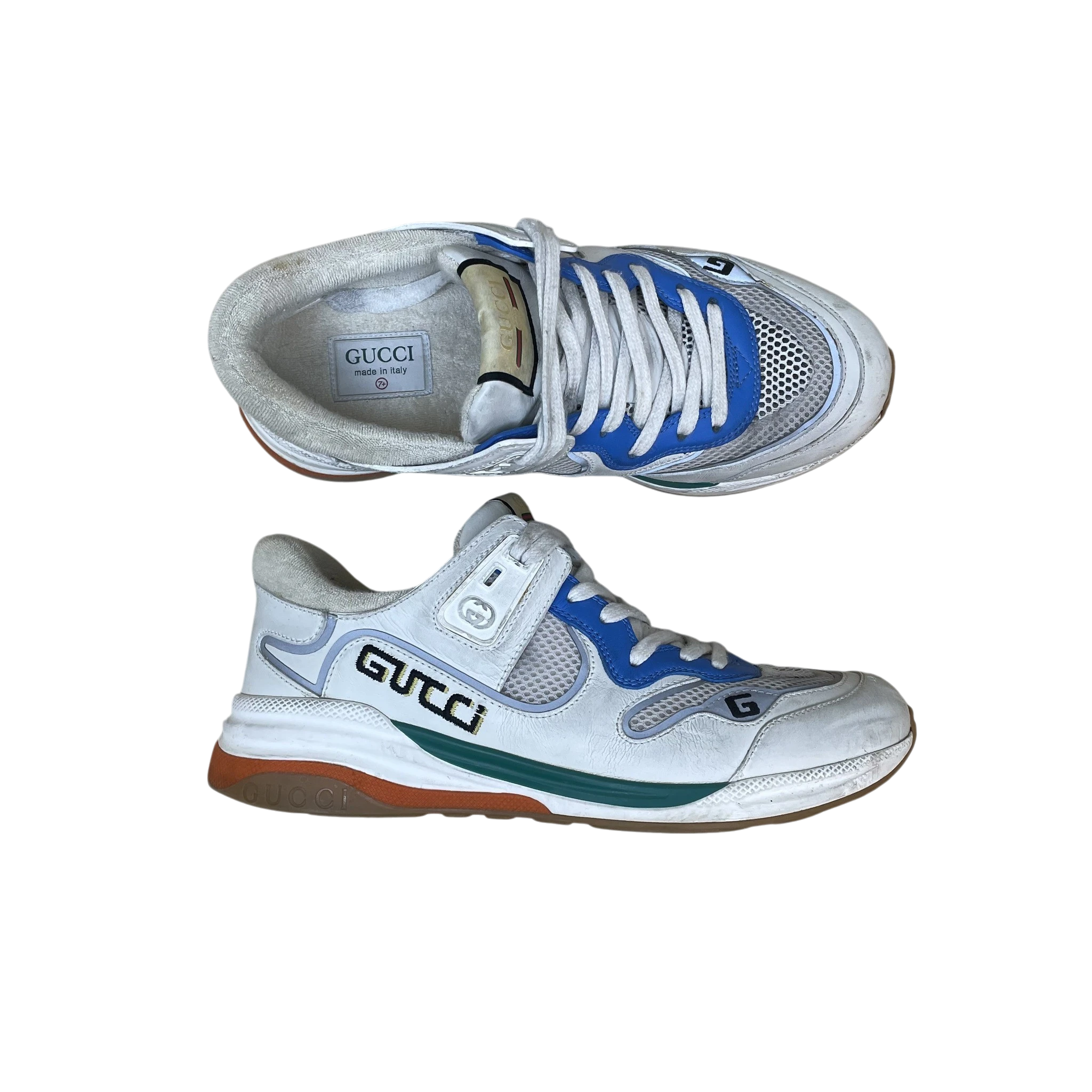 Zenno Archive Gucci Ultrapace sneakers in white, blue, and green with mesh and leather panels and gum rubber soles.