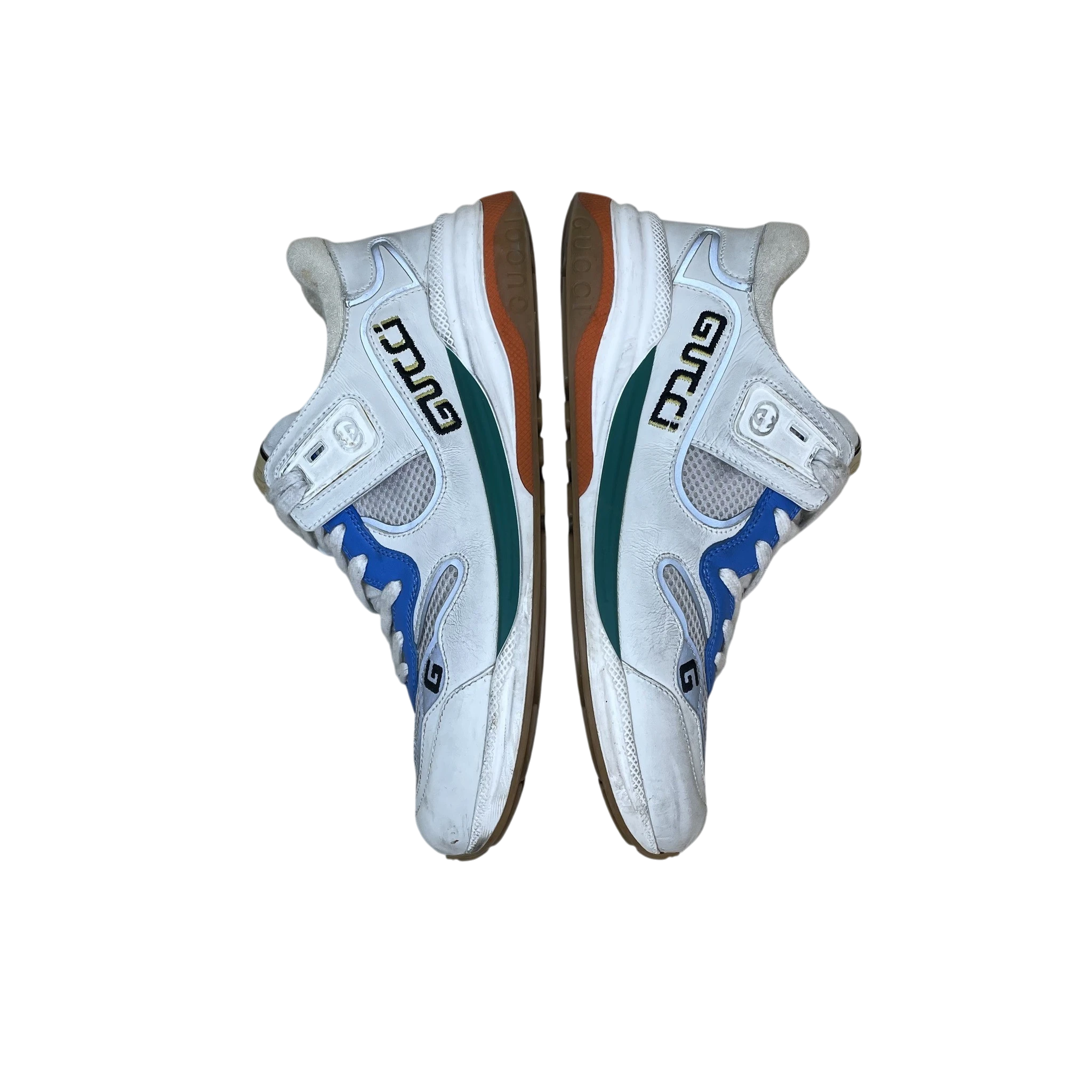 Zenno Archive Gucci Ultrapace sneakers in white, blue, and green leather and mesh with gum soles