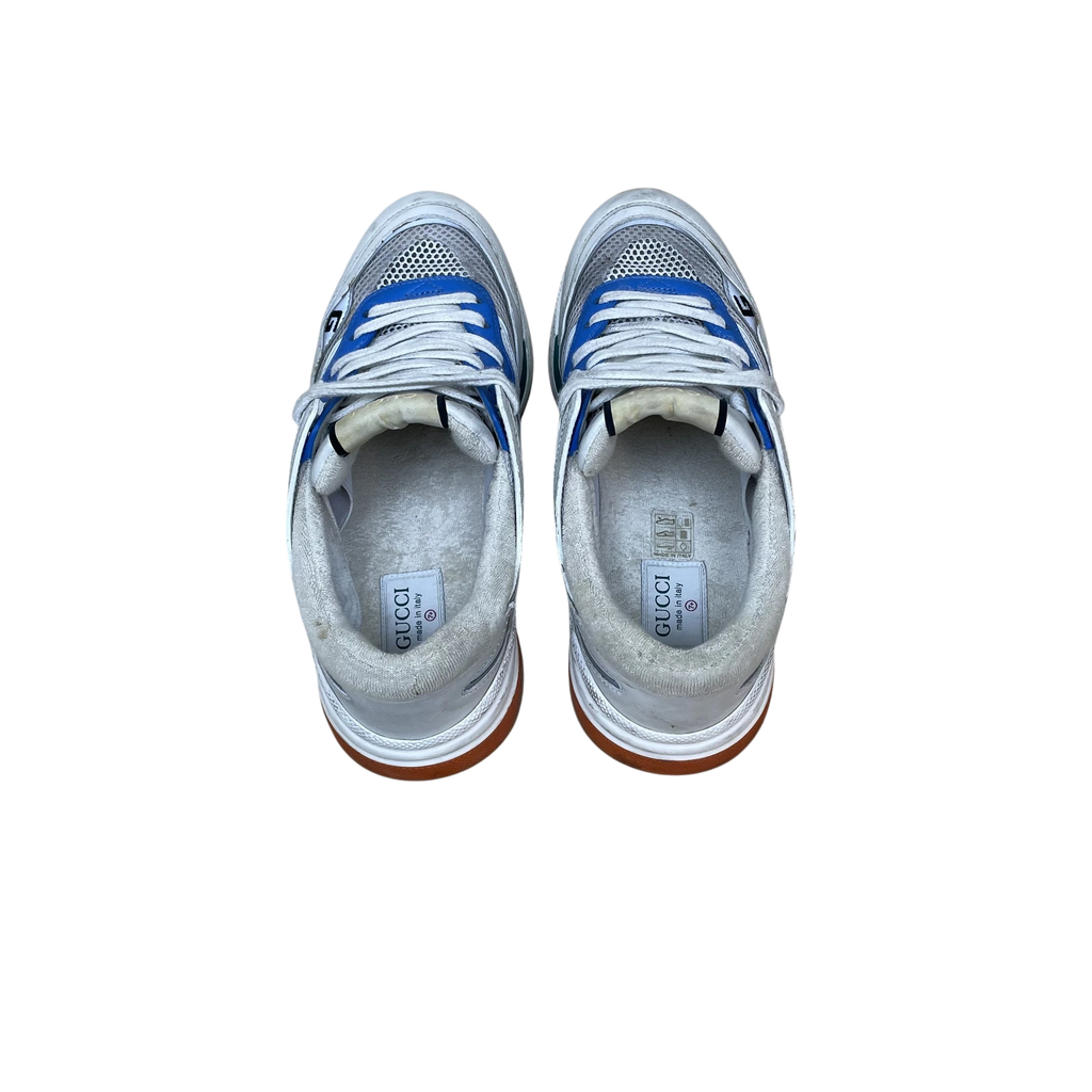 Zenno Archive Gucci Ultrapace sneakers in white, blue, and green with mesh and leather details, top-down view.