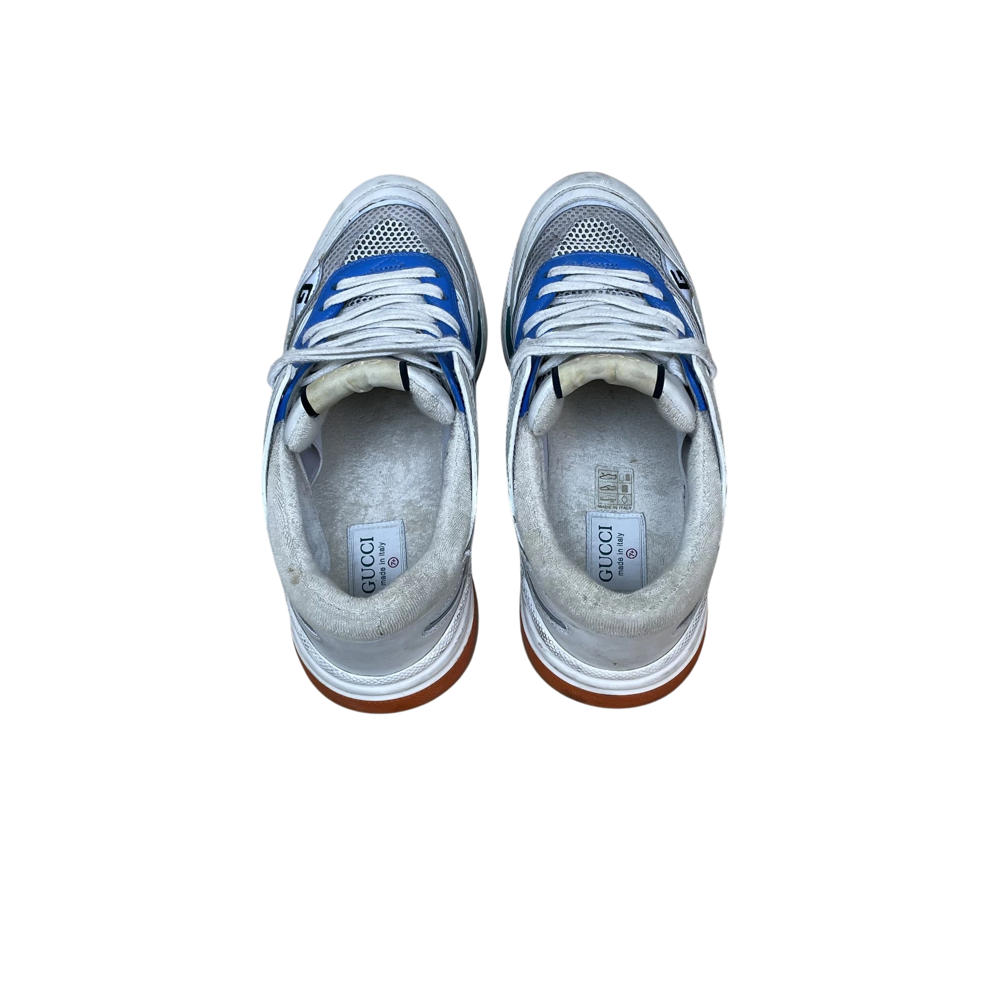 Zenno Archive Gucci Ultrapace sneakers in white, blue, and green with mesh and leather details, top-down view.