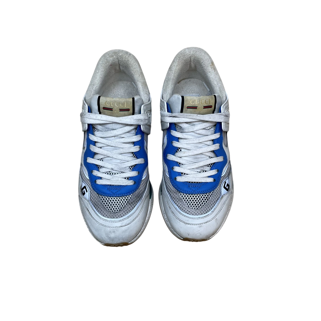 Zenno Archive Gucci Ultrapace sneakers in white, blue, and green with mesh and leather panels, top-down view.
