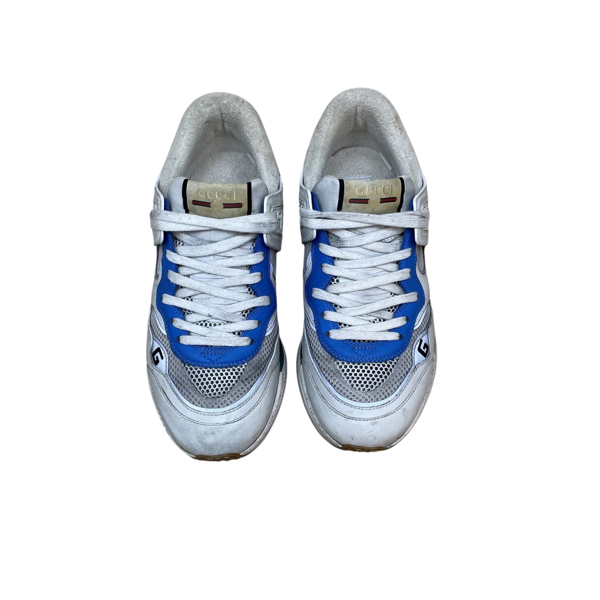 Zenno Archive Gucci Ultrapace sneakers in white, blue, and green with mesh and leather panels, top-down view.