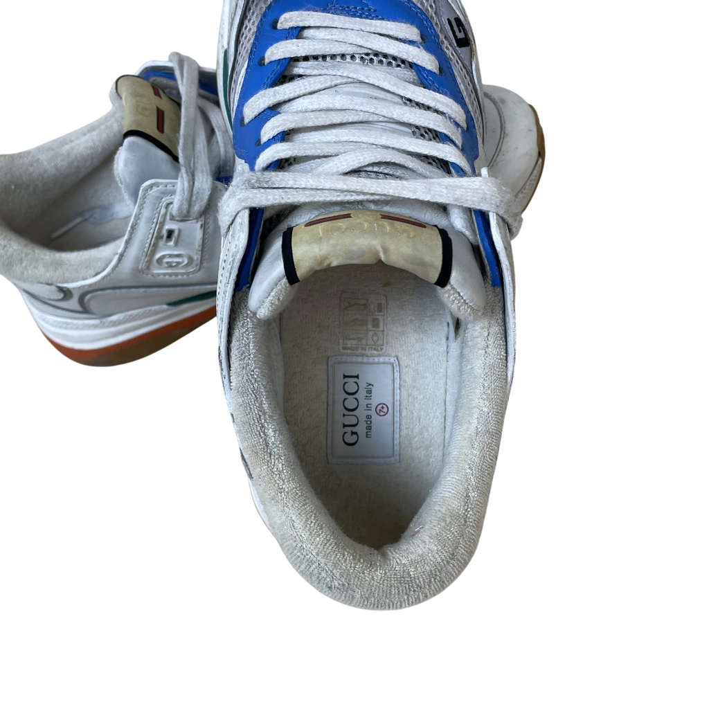Zenno Archive Gucci Ultrapace sneakers in white, blue, and green with a textured interior and branded insole