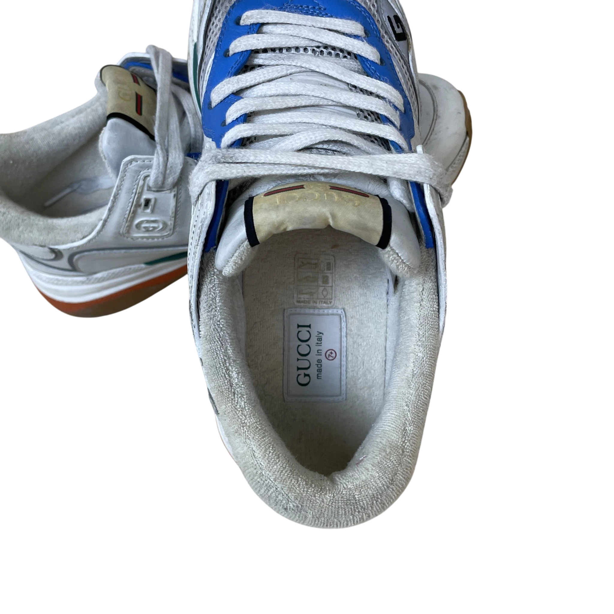 Zenno Archive Gucci Ultrapace sneakers in white, blue, and green with a textured interior and branded insole
