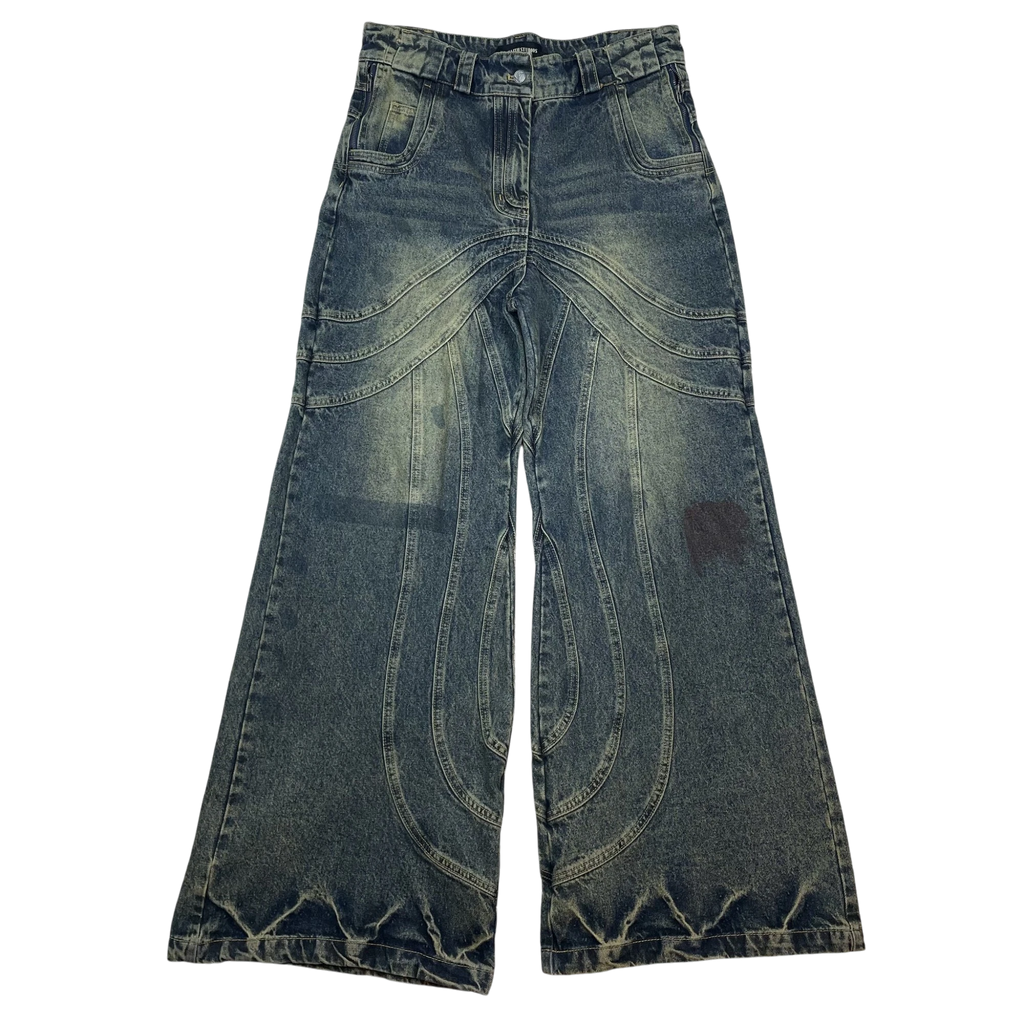 Zenno Archive NO/FAITH STUDIOS blue heavy wave denim jeans with wide leg fit and intricate curved seam detailing.