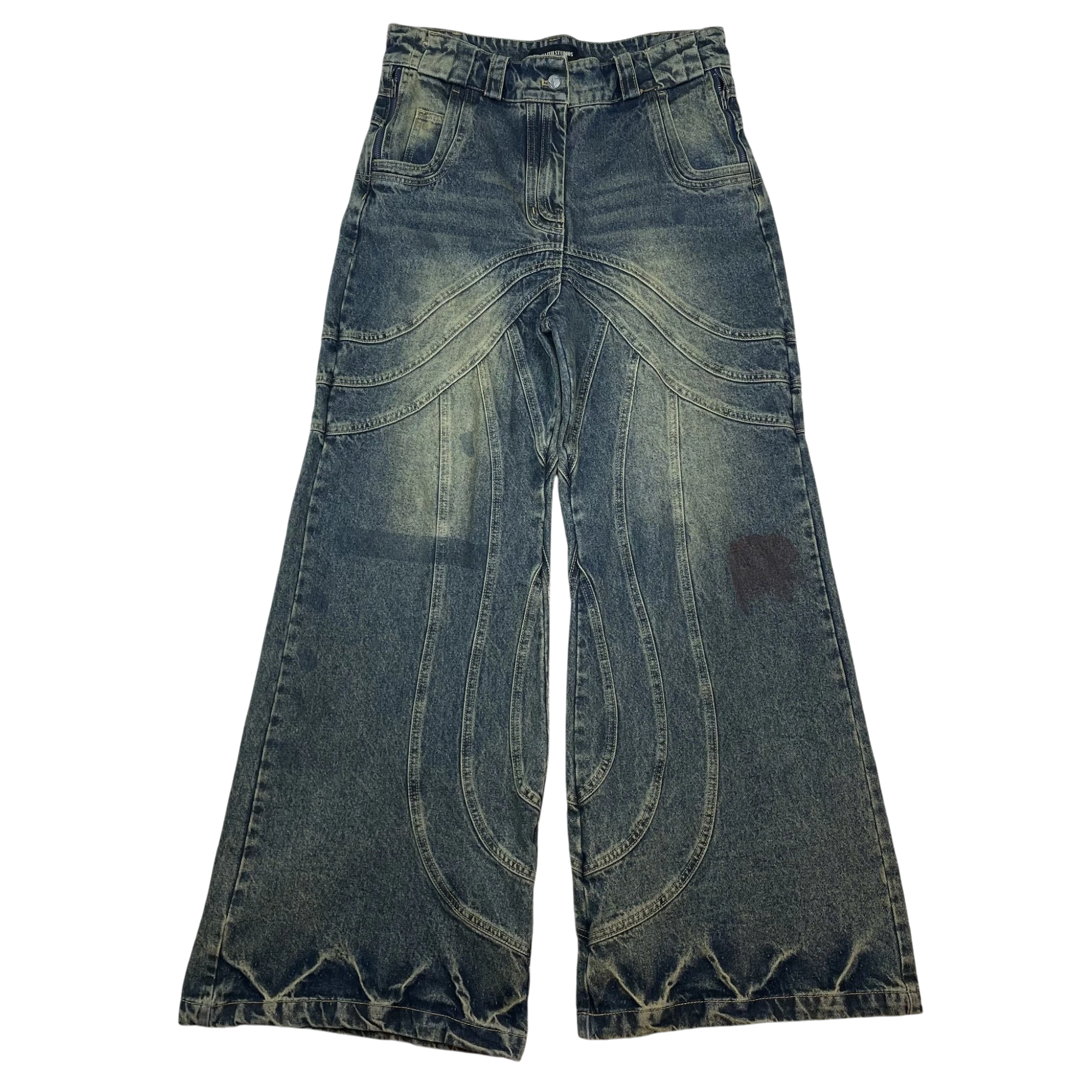 Zenno Archive NO/FAITH STUDIOS blue heavy wave denim jeans with wide leg fit and intricate curved seam detailing.
