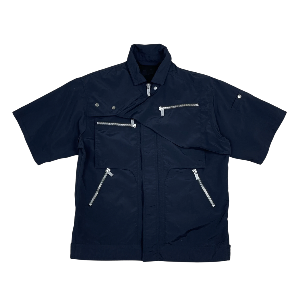 Zenno Archive Heliot Emil black short-sleeve layered technical nylon shirt with silver zipper pockets