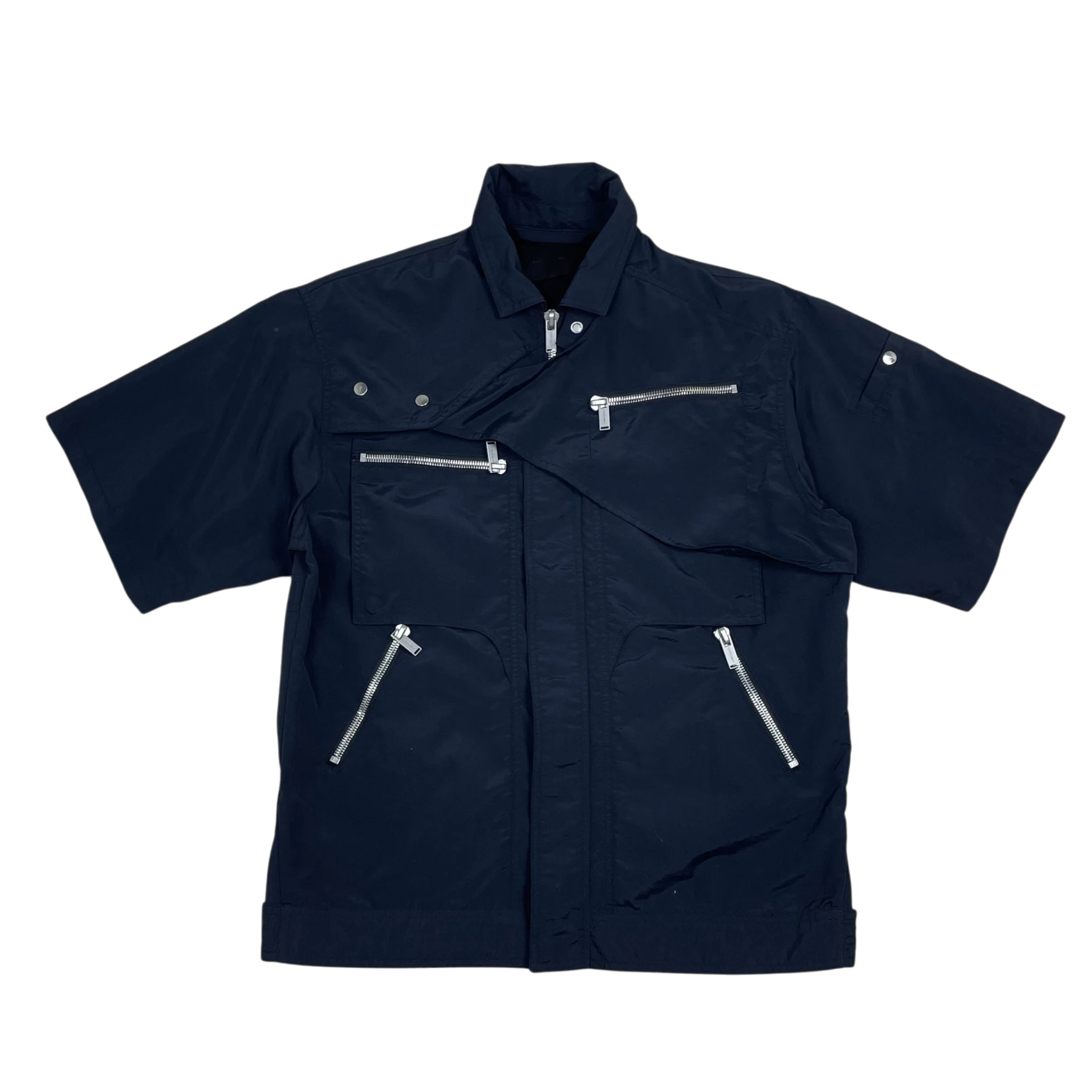 Zenno Archive Heliot Emil black short-sleeve layered technical nylon shirt with silver zipper pockets