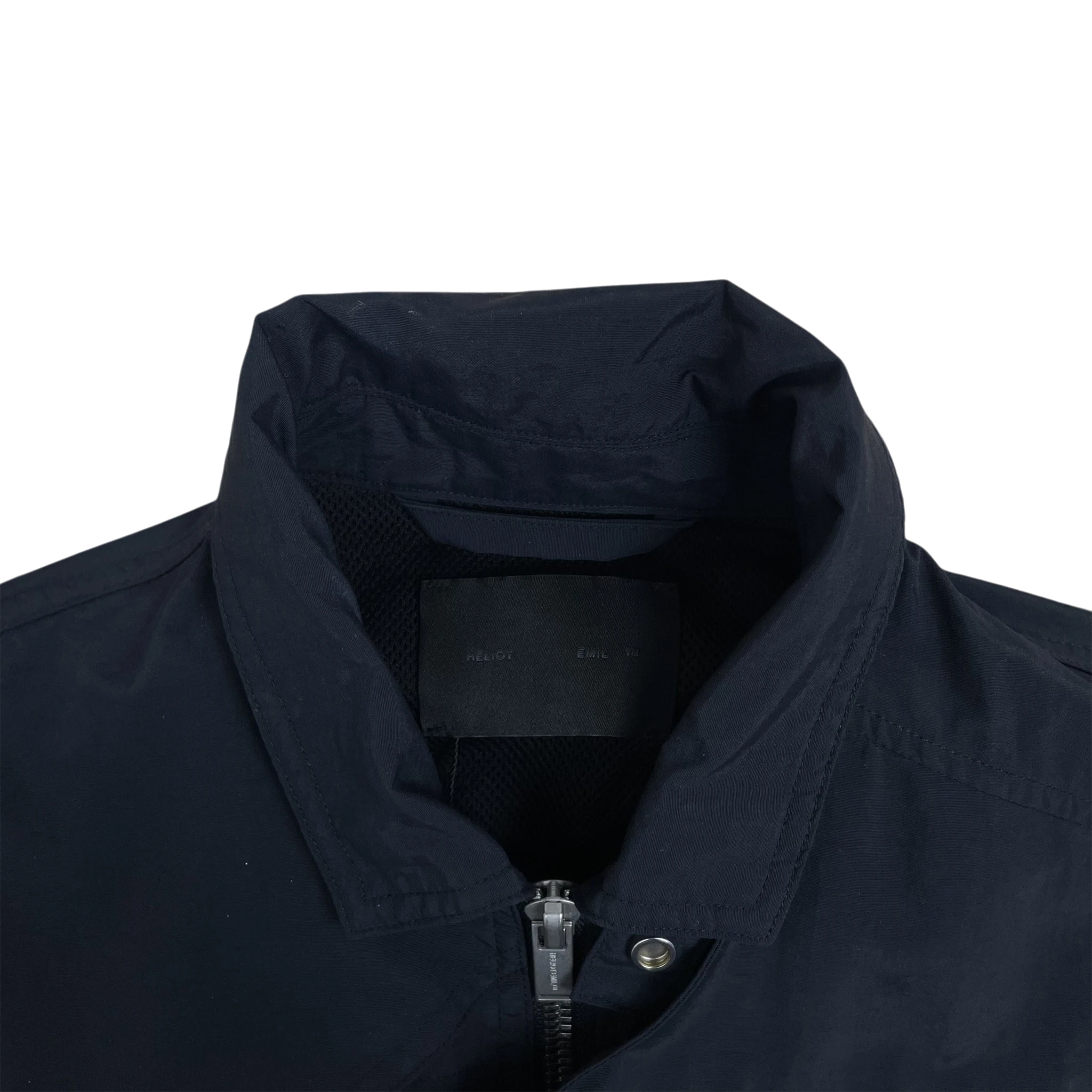 Zenno Archive Heliot Emil black layered technical nylon shirt with a high collar and front zipper detail