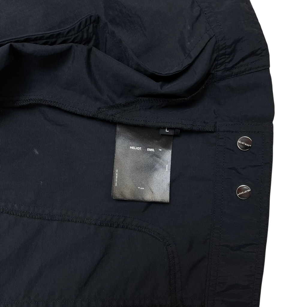Zenno Archive Heliot Emil black technical nylon shirt interior label and branded metal snap buttons