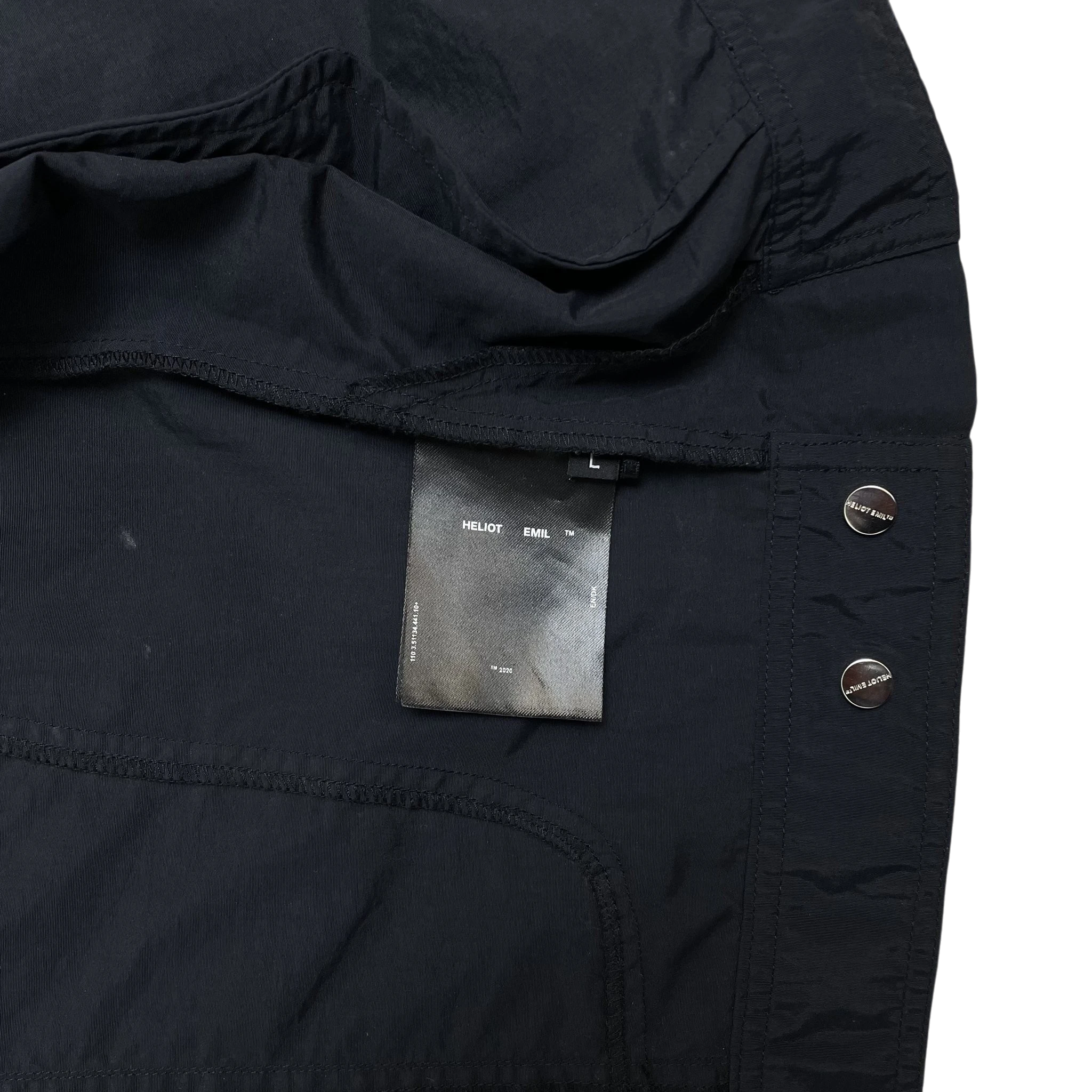 Zenno Archive Heliot Emil black technical nylon shirt interior label and branded metal snap buttons