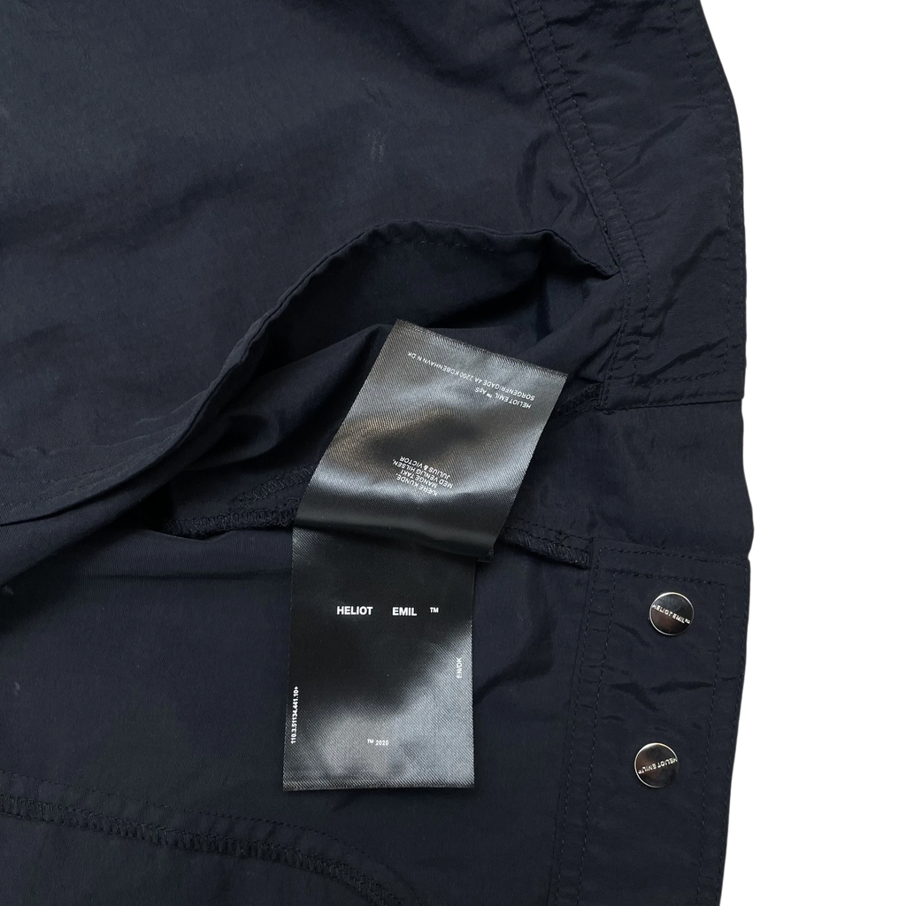 Zenno Archive Heliot Emil black technical nylon shirt featuring interior brand label and branded silver snap buttons