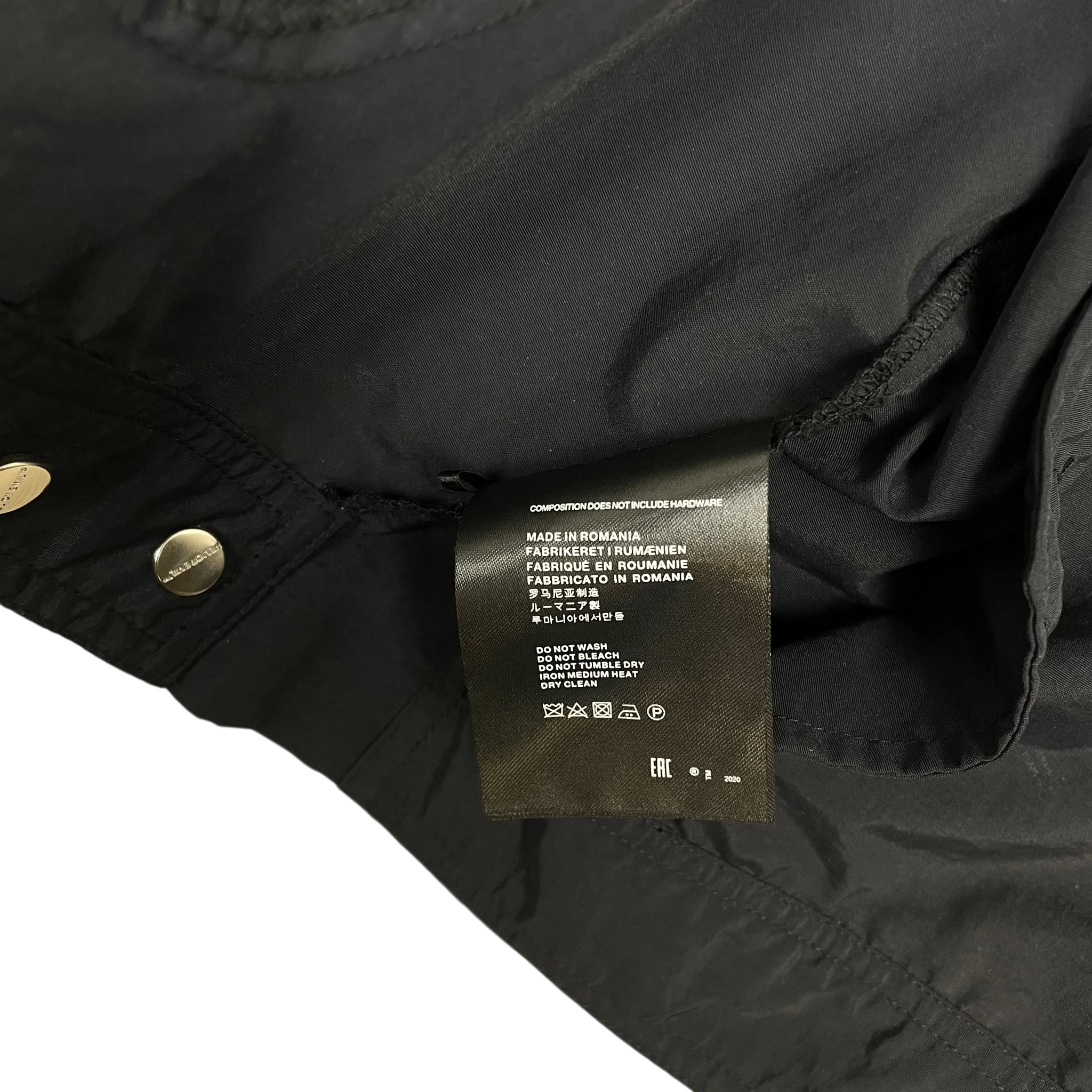 Zenno Archive Heliot Emil black technical nylon shirt interior care label with silver snap buttons