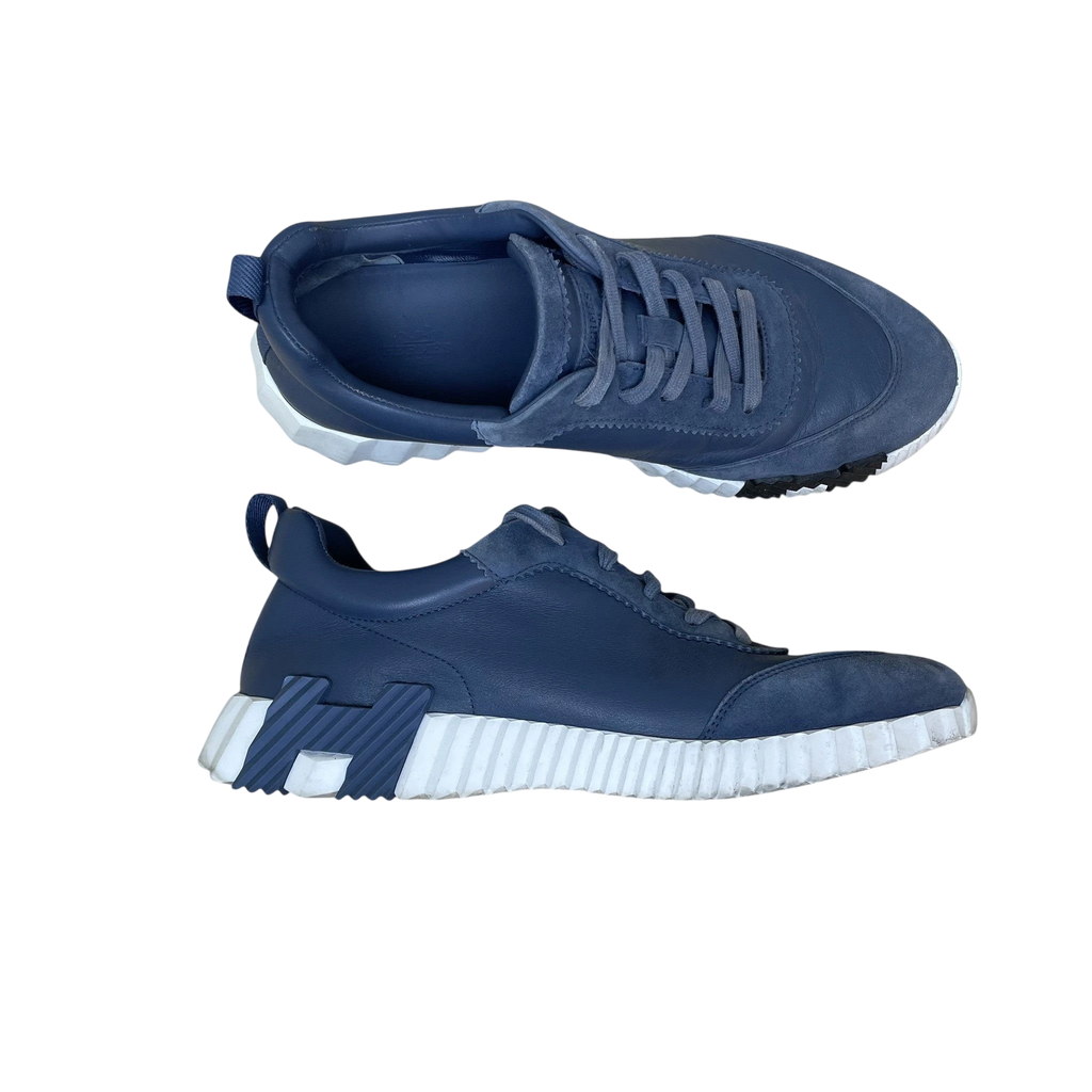 Zenno Archive Hermes Bouncing sneakers in sea blue leather and suede with white rubber soles and H logo detail
