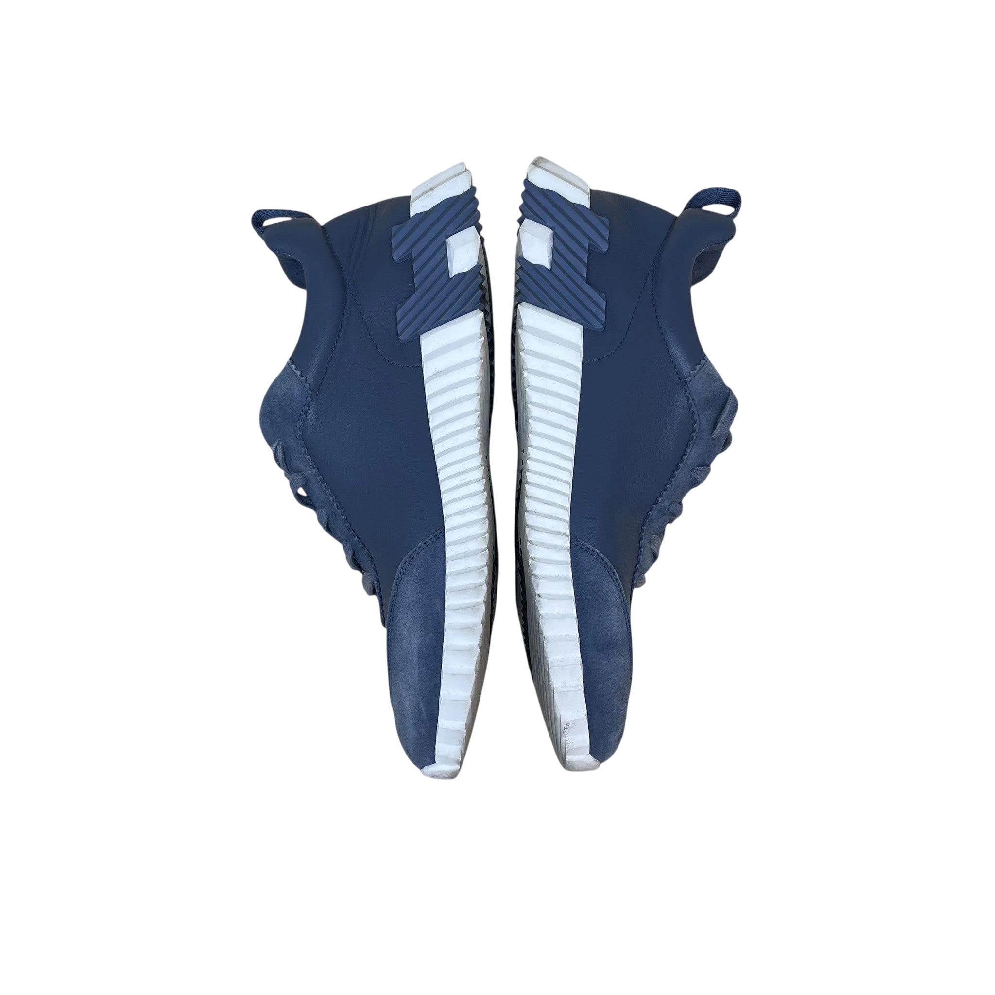 Zenno Archive Hermes Bouncing sneakers in sea blue leather with white ridged rubber soles, top-down view.