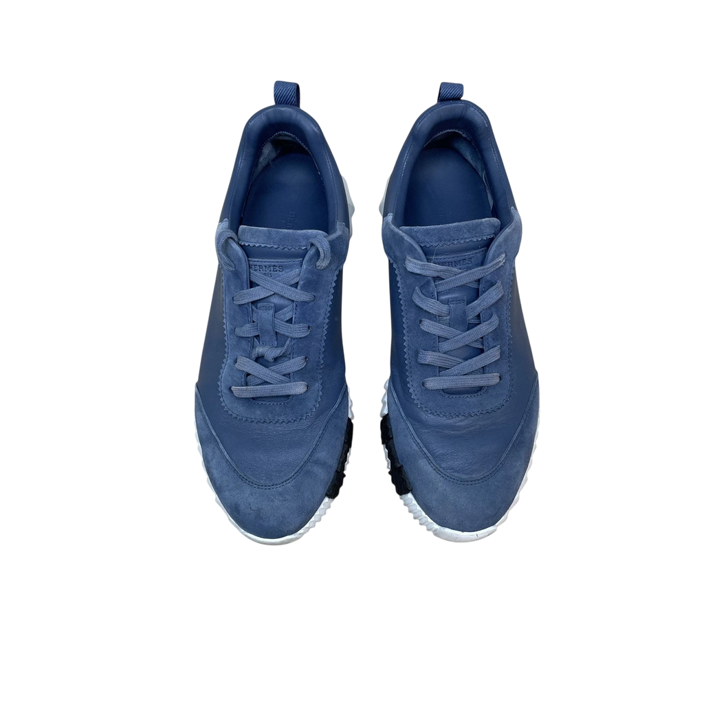 Zenno Archive Hermes Bouncing sneakers in sea blue suede and leather with white and black rubber soles.
